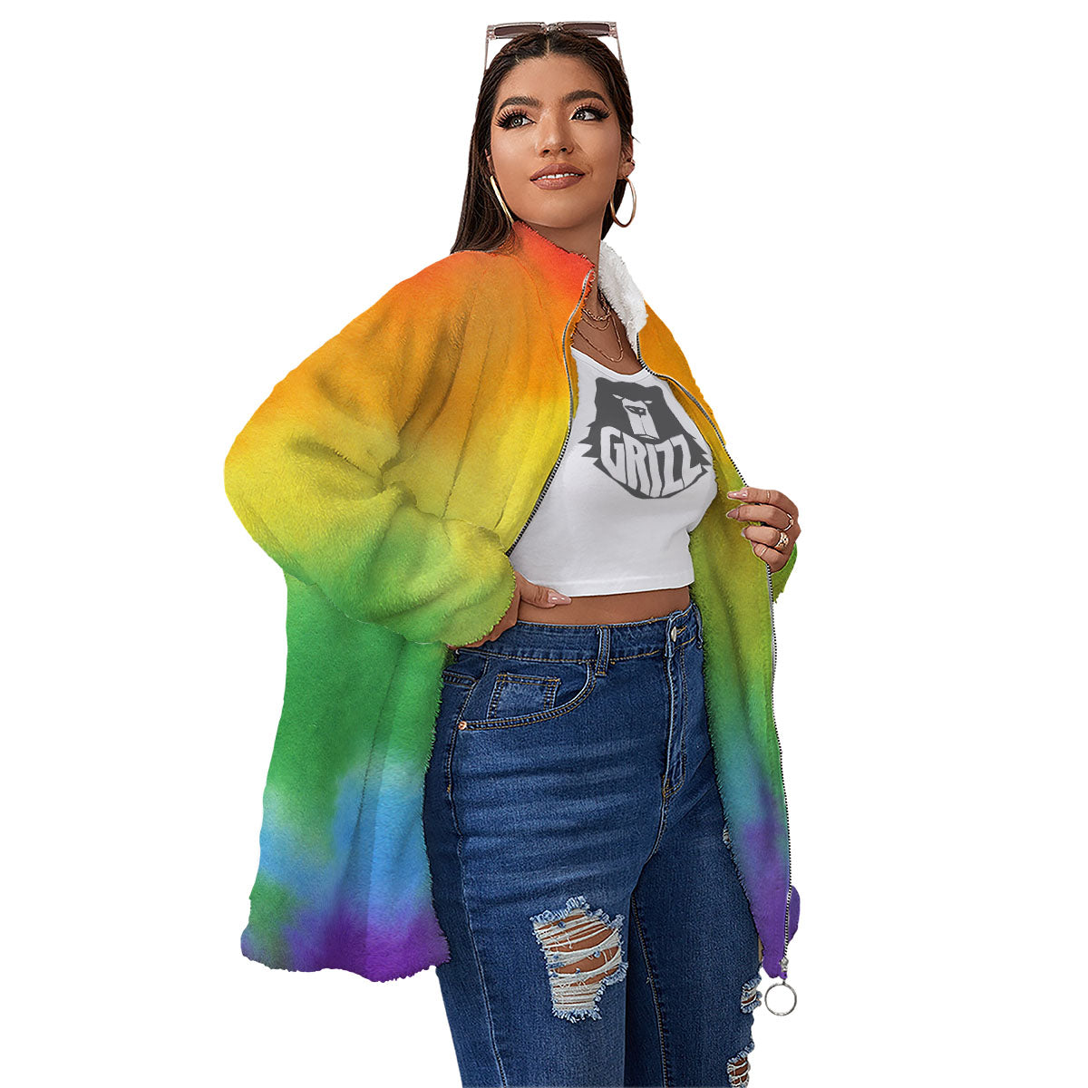 LGBT Pride Watercolor Rainbow Print Women's Sherpa Jacket-grizzshop