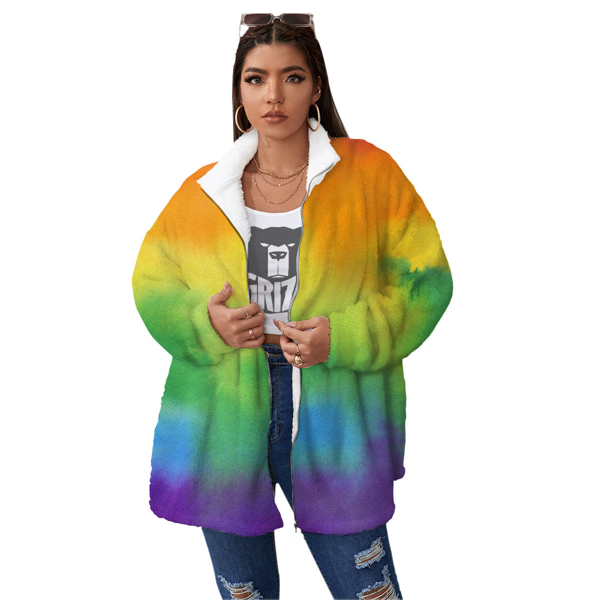 LGBT Pride Watercolor Rainbow Print Women's Sherpa Jacket-grizzshop