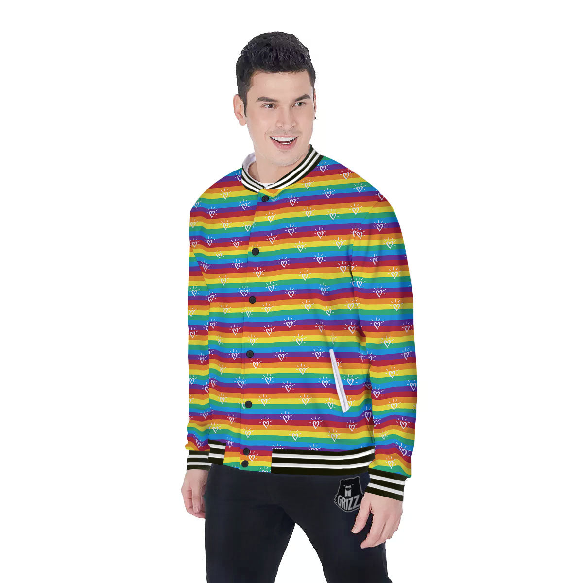 LGBT Stripes Abstract Rainbow Print Baseball Jacket-grizzshop