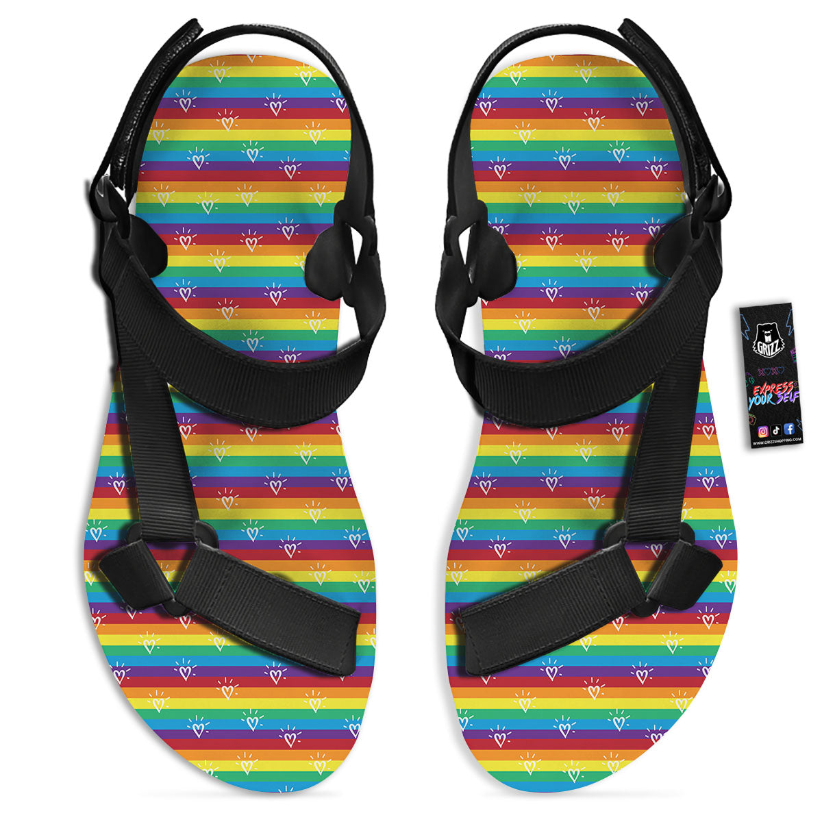 LGBT Stripes Abstract Rainbow Print Black Open Toe Sandals-grizzshop