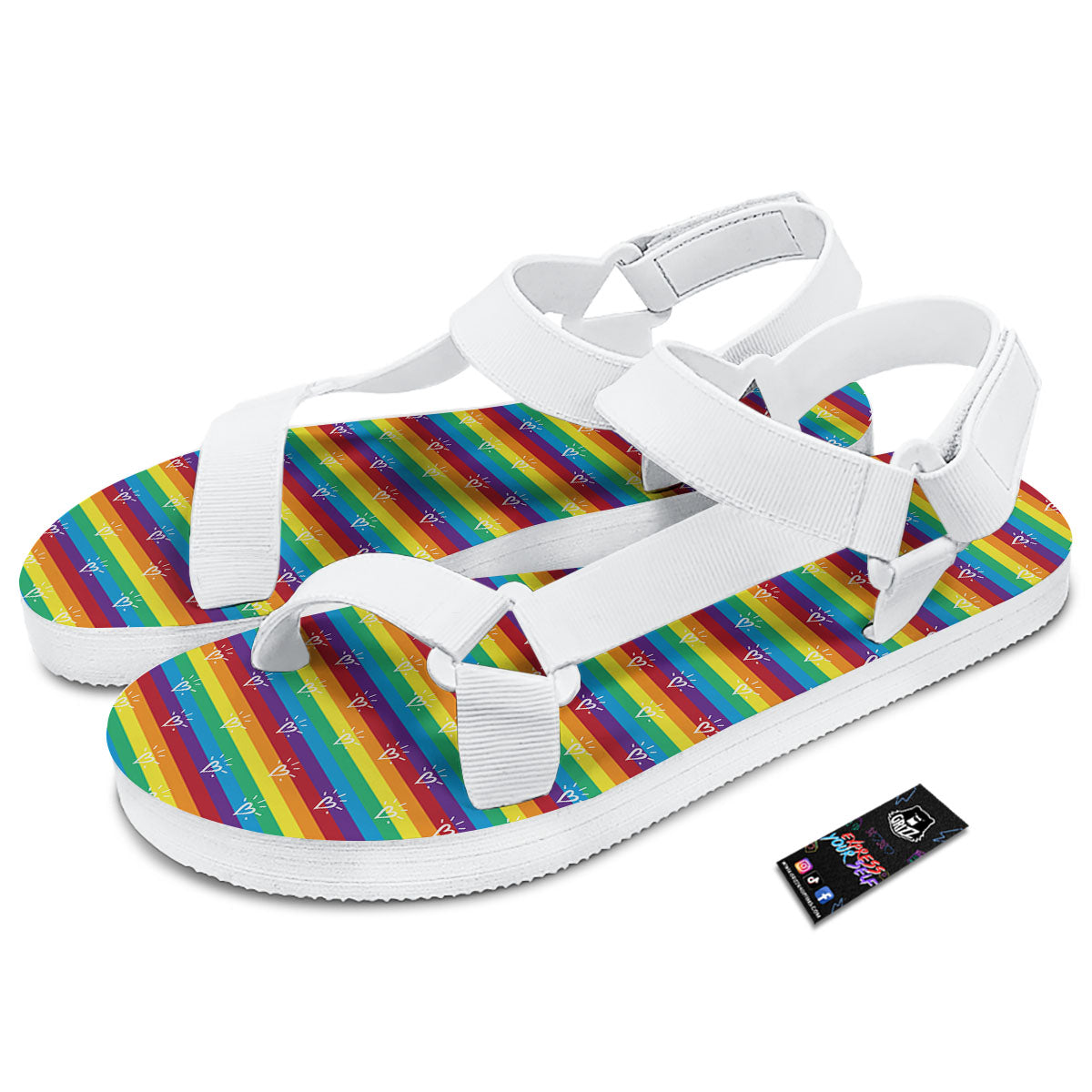 LGBT Stripes Abstract Rainbow Print White Open Toe Sandals-grizzshop