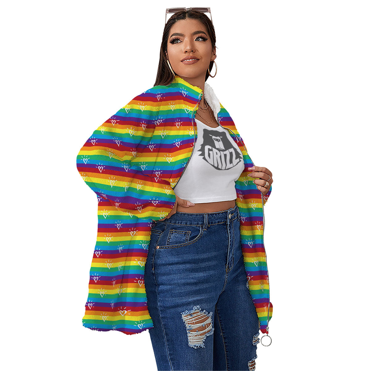 LGBT Stripes Abstract Rainbow Print Women's Sherpa Jacket-grizzshop