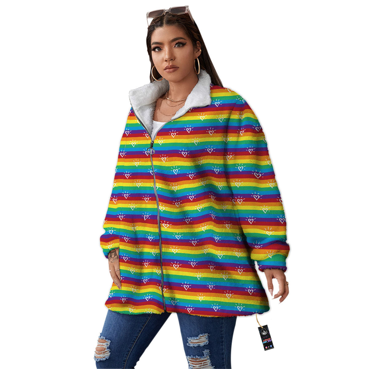 LGBT Stripes Abstract Rainbow Print Women's Sherpa Jacket-grizzshop