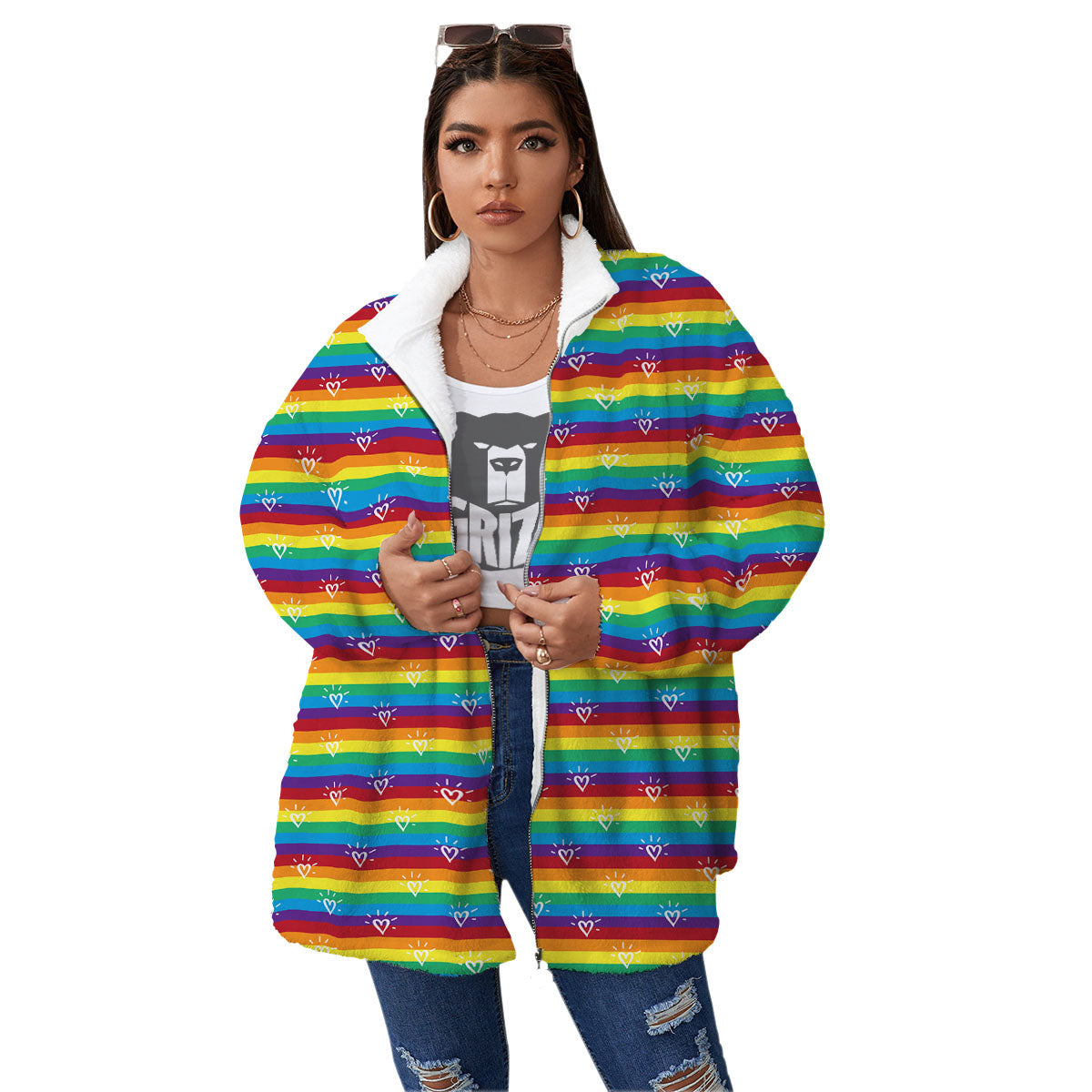 LGBT Stripes Abstract Rainbow Print Women's Sherpa Jacket-grizzshop