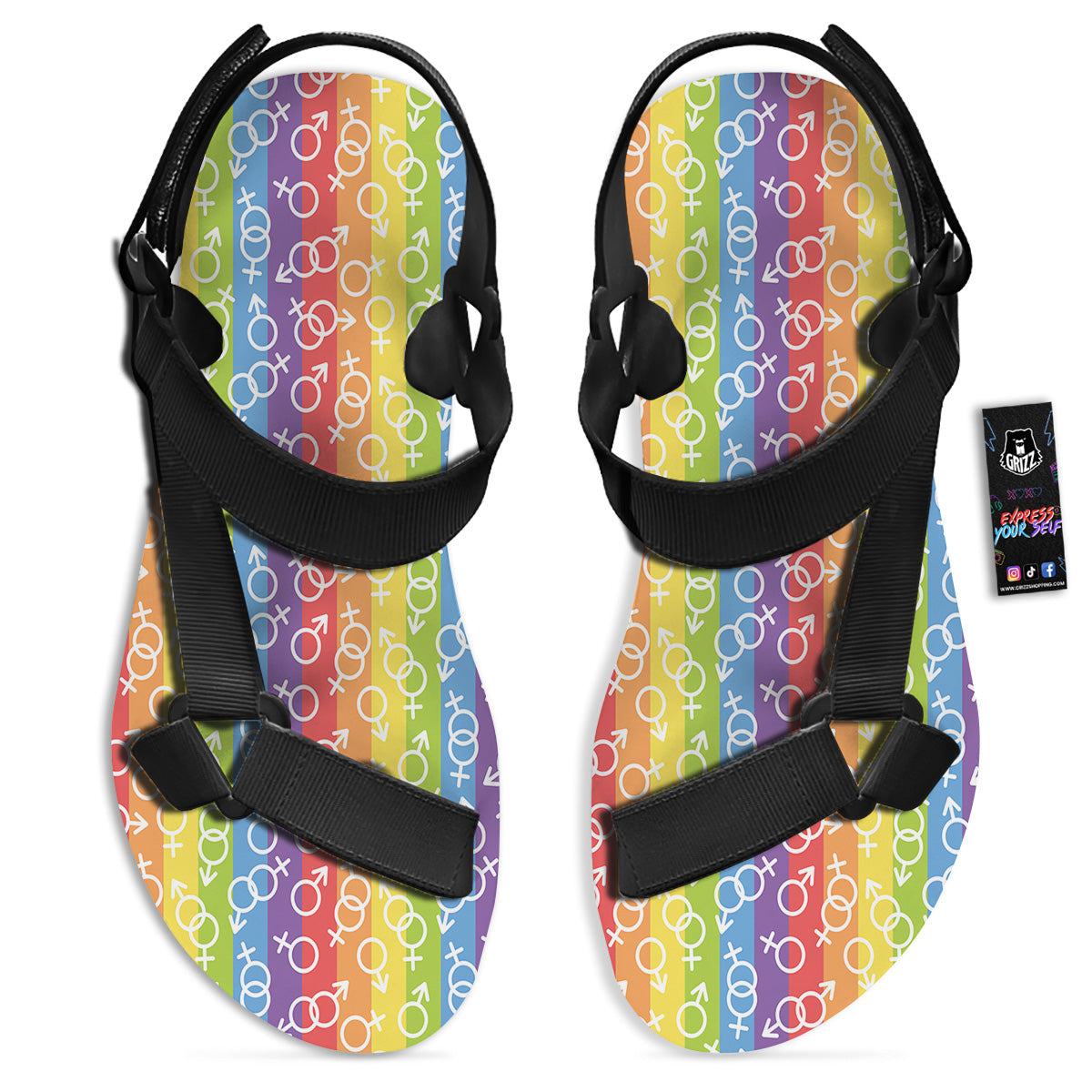 LGBT Symbols Rainbow Print Pattern Black Open Toe Sandals-grizzshop