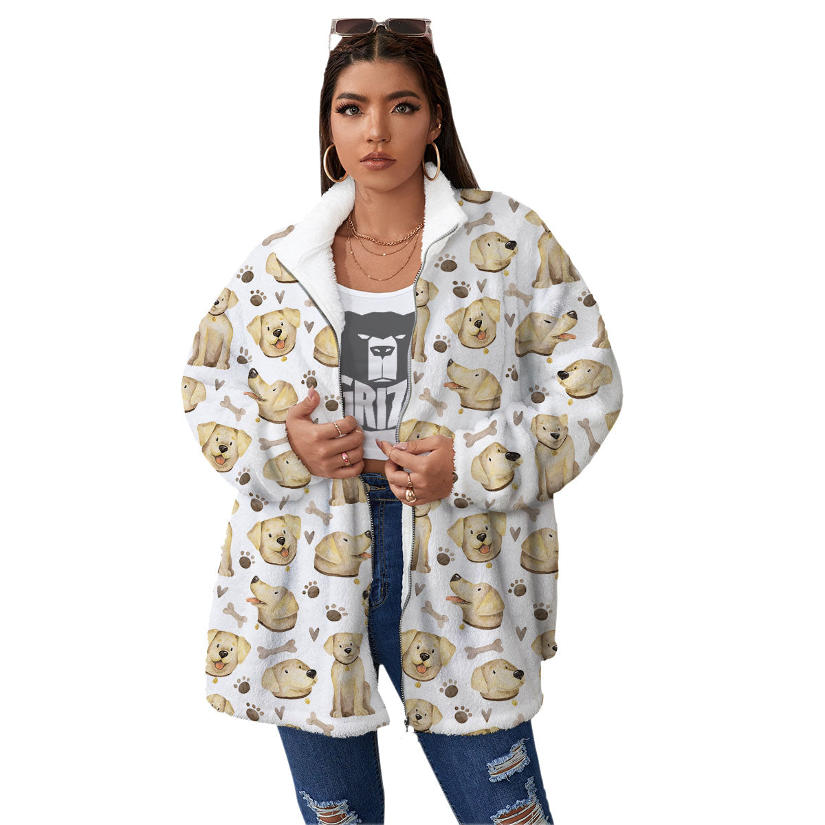 Labrador Retriever Happy Print Pattern Women's Sherpa Jacket-grizzshop