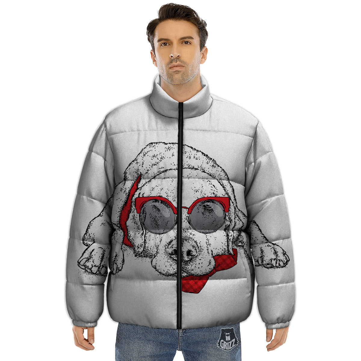 Labrador Retriever Hipster Print Puffer Jacket-grizzshop