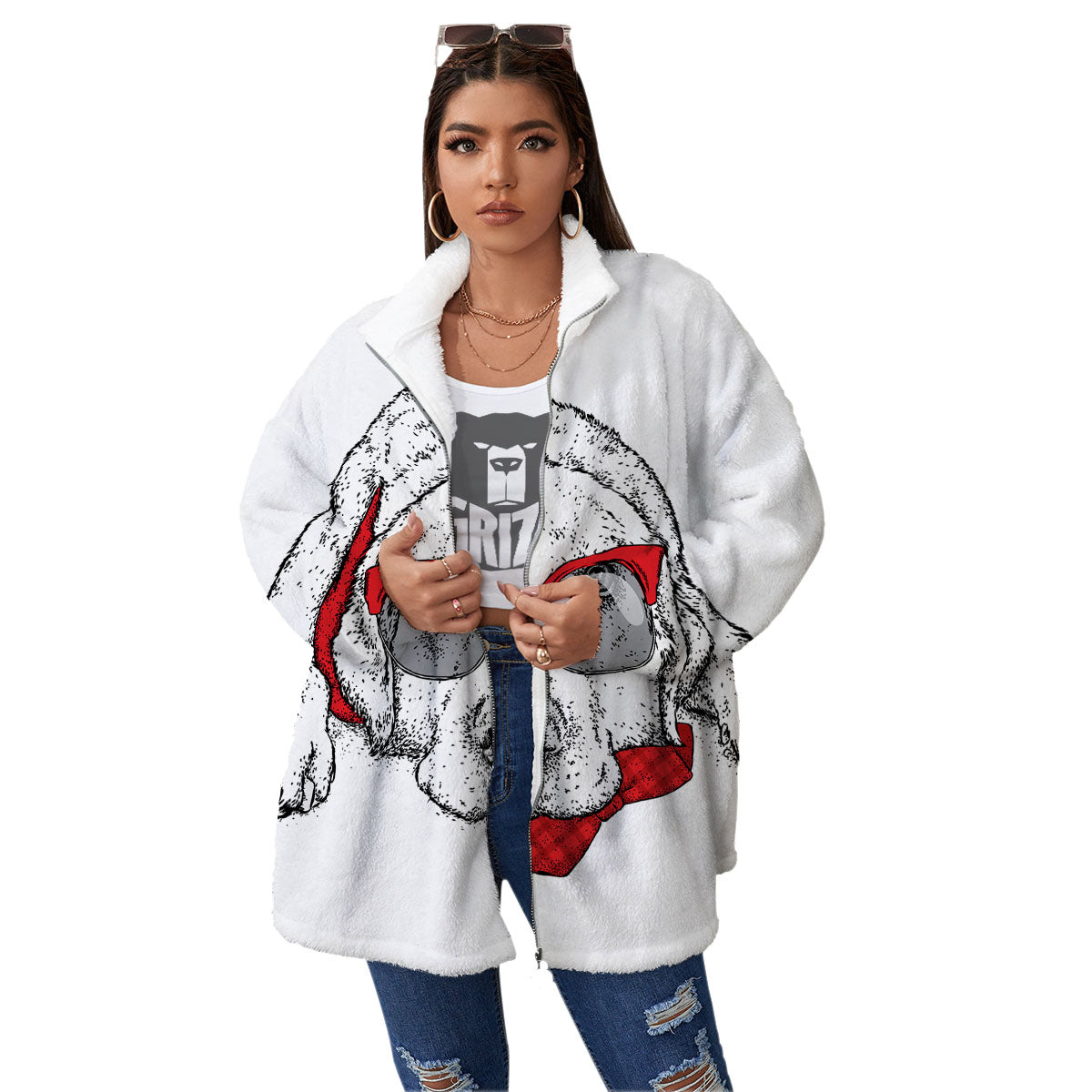 Labrador Retriever Hipster Print Women's Sherpa Jacket-grizzshop