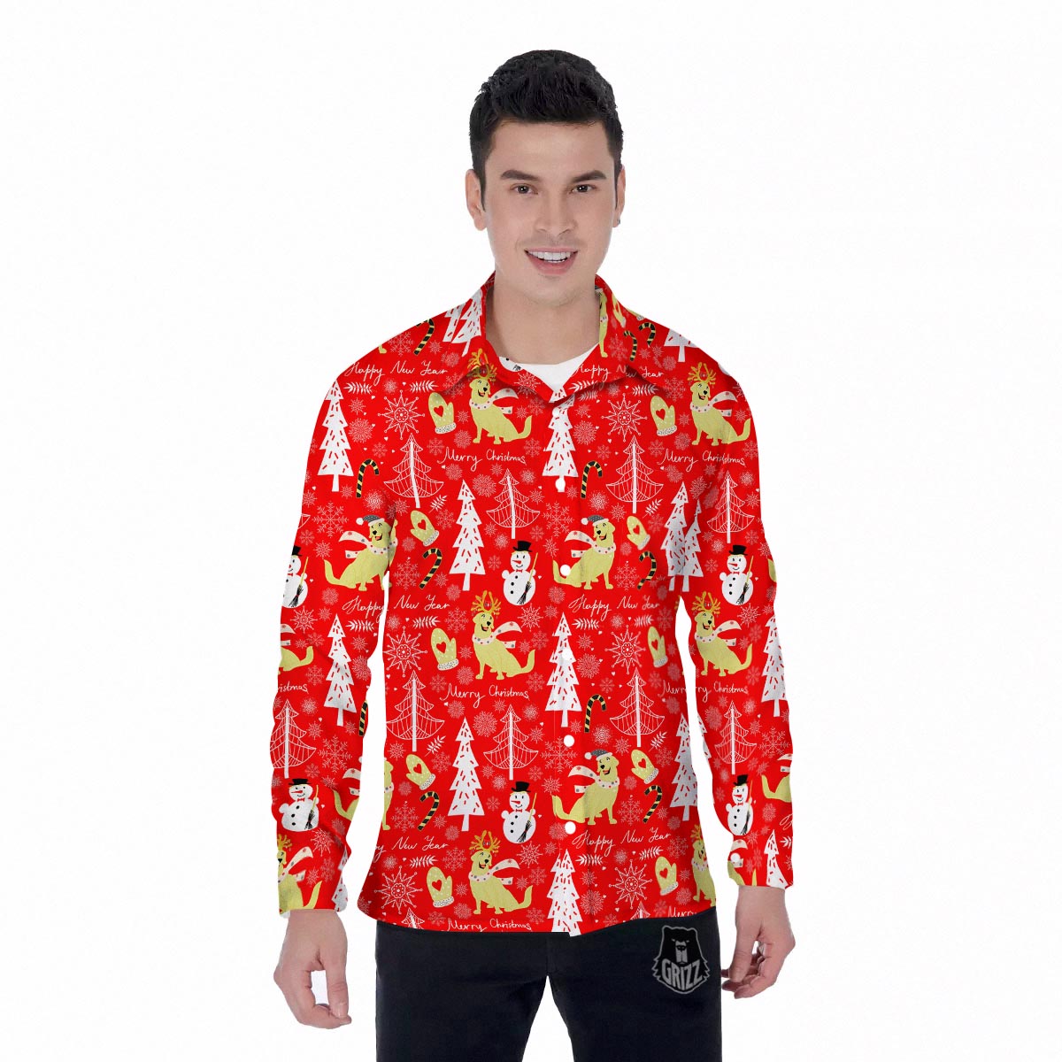 Labrador Retriever Snowman Print Pattern Men's Long Sleeve Shirts-grizzshop