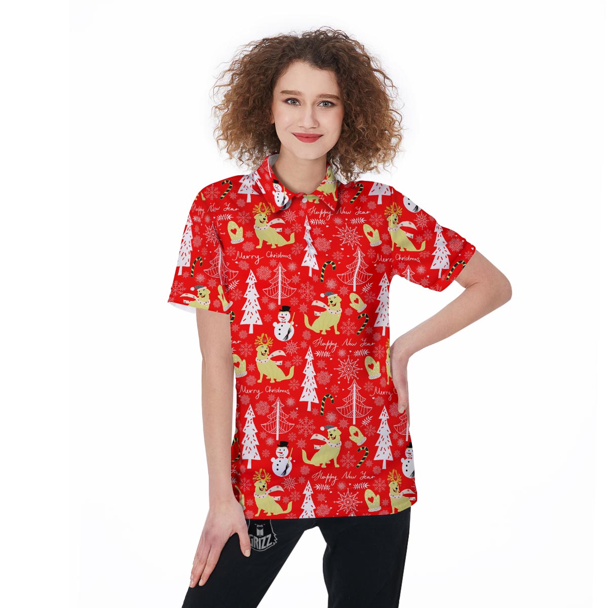 Labrador Retriever Snowman Print Pattern Women's Golf Shirts-grizzshop