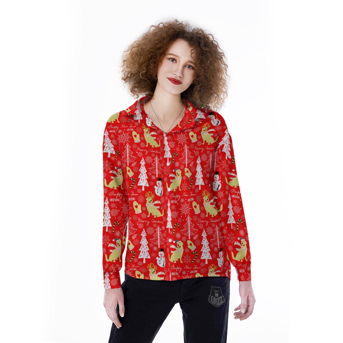 Labrador Retriever Snowman Print Pattern Women's Long Sleeve Shirts-grizzshop
