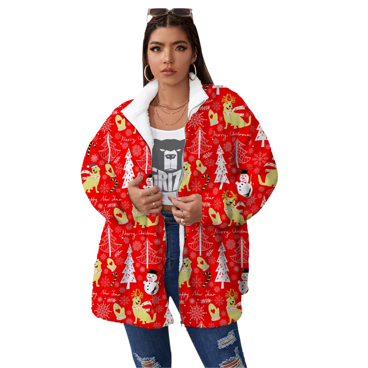 Labrador Retriever Snowman Print Pattern Women's Sherpa Jacket-grizzshop