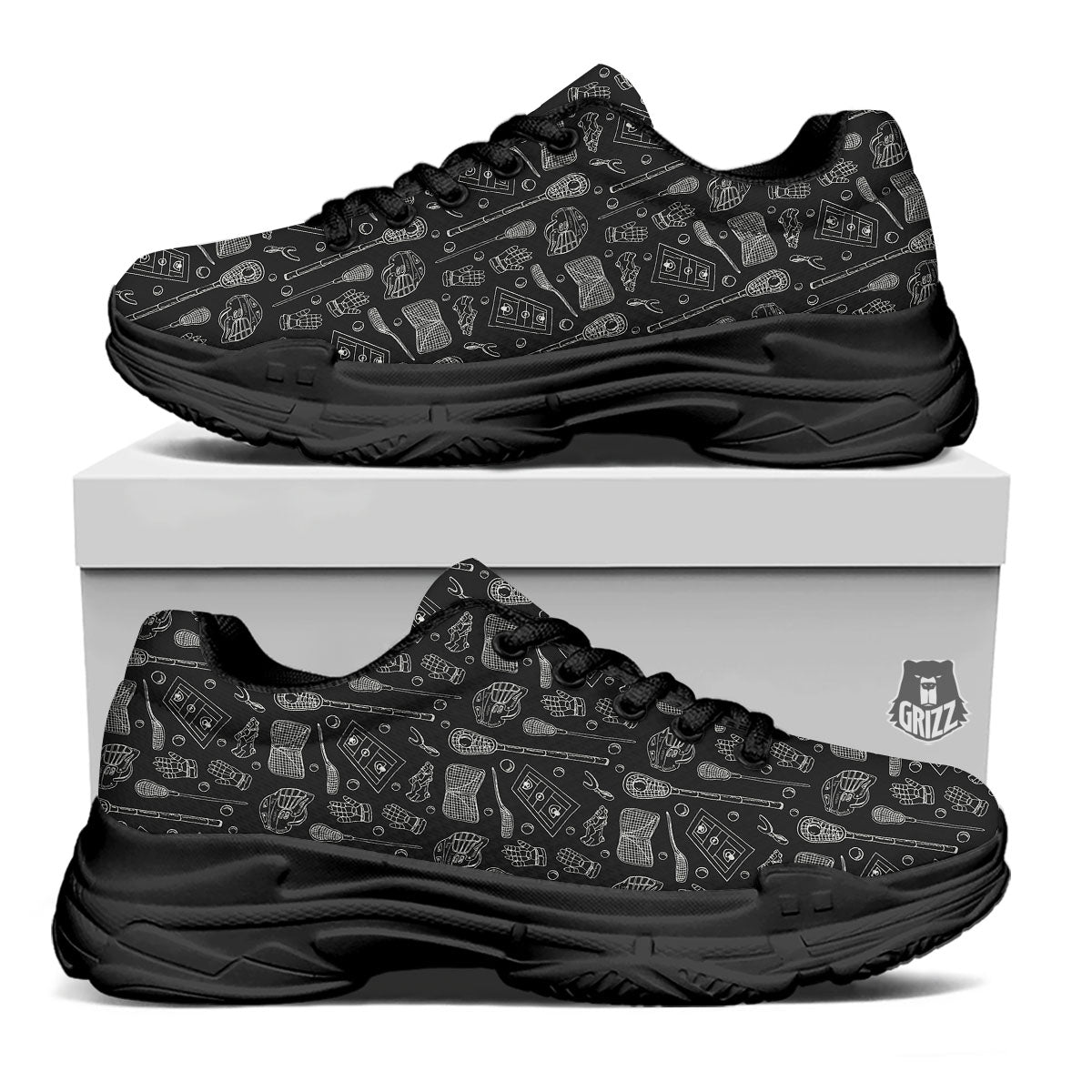 Lacrosse Doodle Print Pattern Black Chunky Shoes-grizzshop