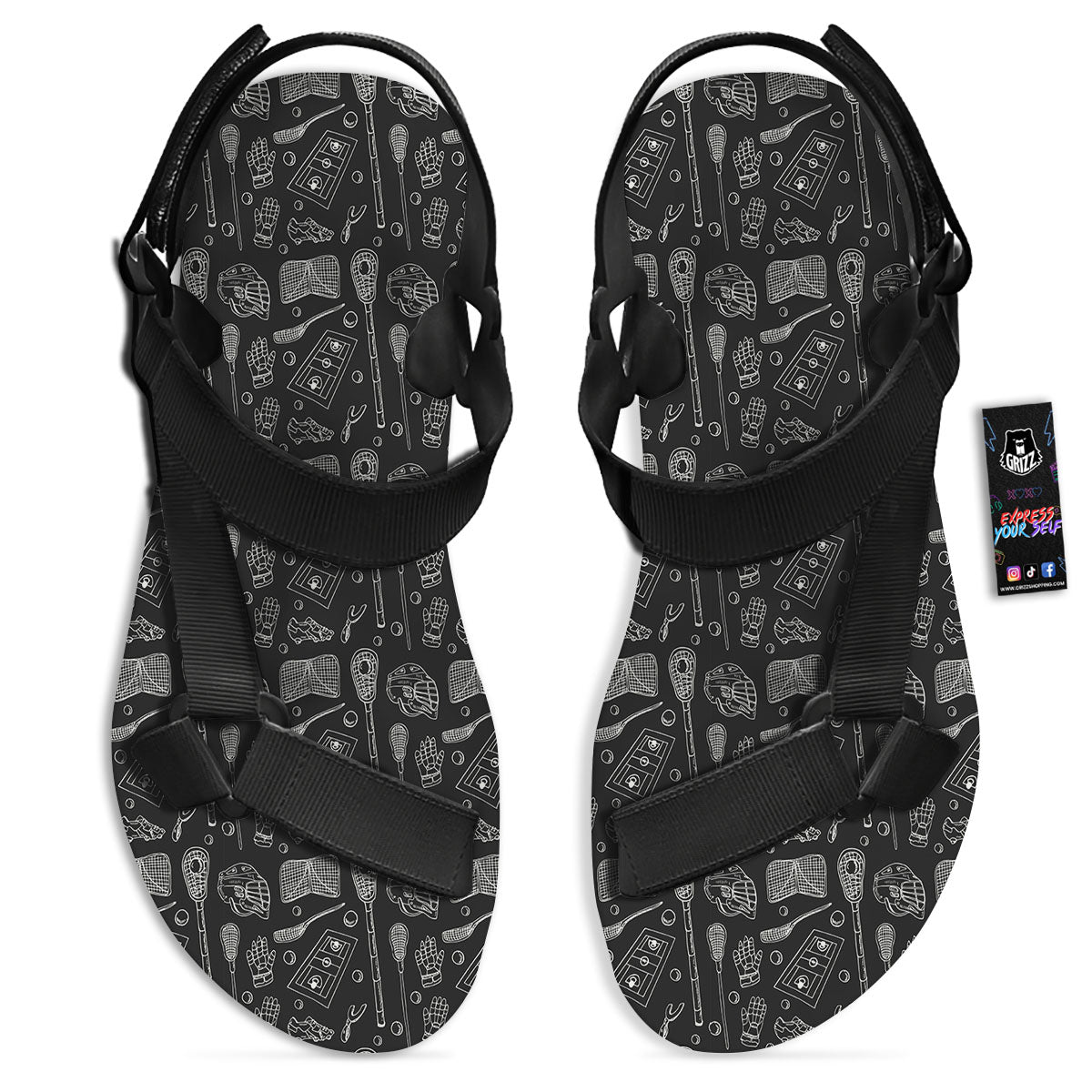 Lacrosse Doodle Print Pattern Black Open Toe Sandals-grizzshop