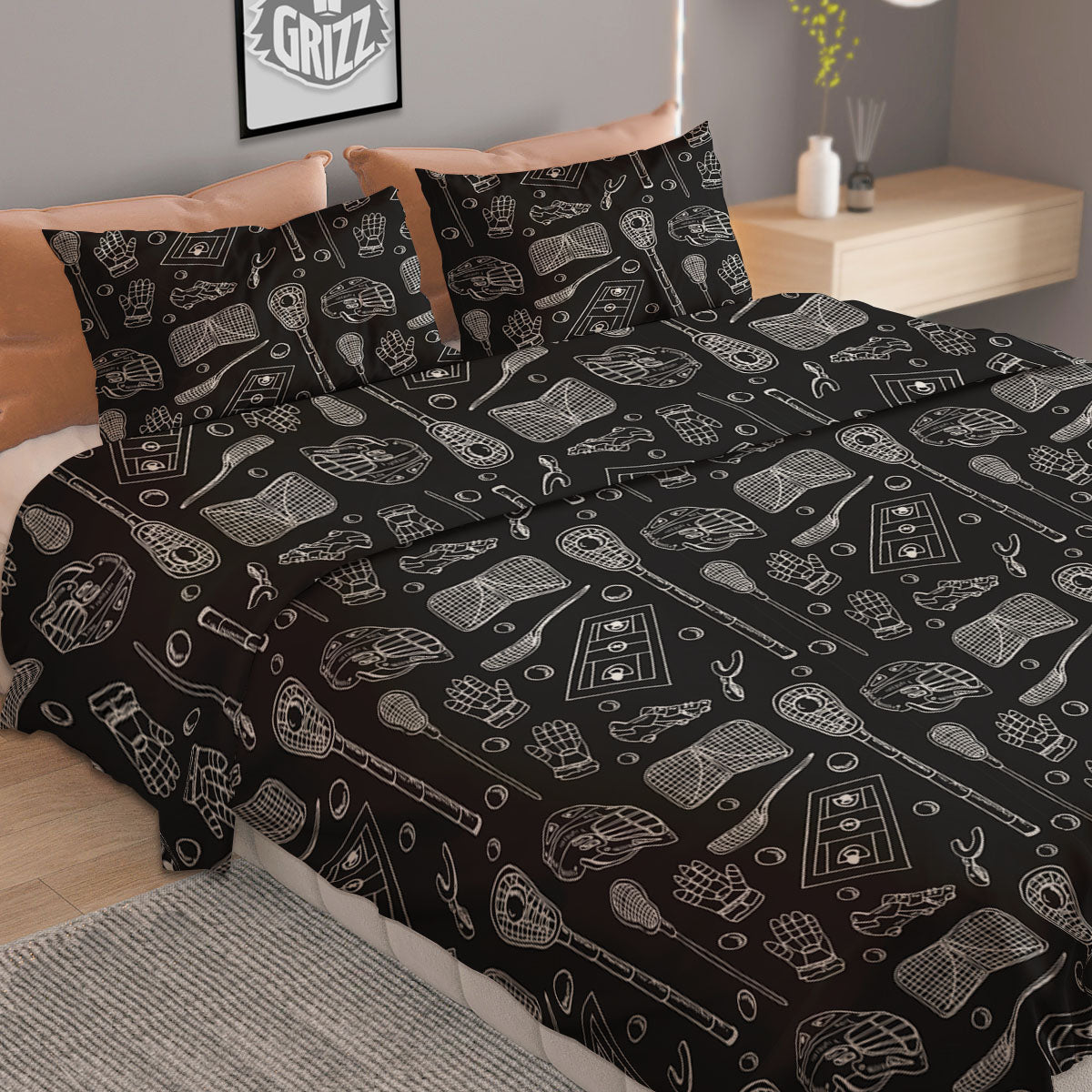 Lacrosse Doodle Print Pattern Duvet Cover Bedding Set