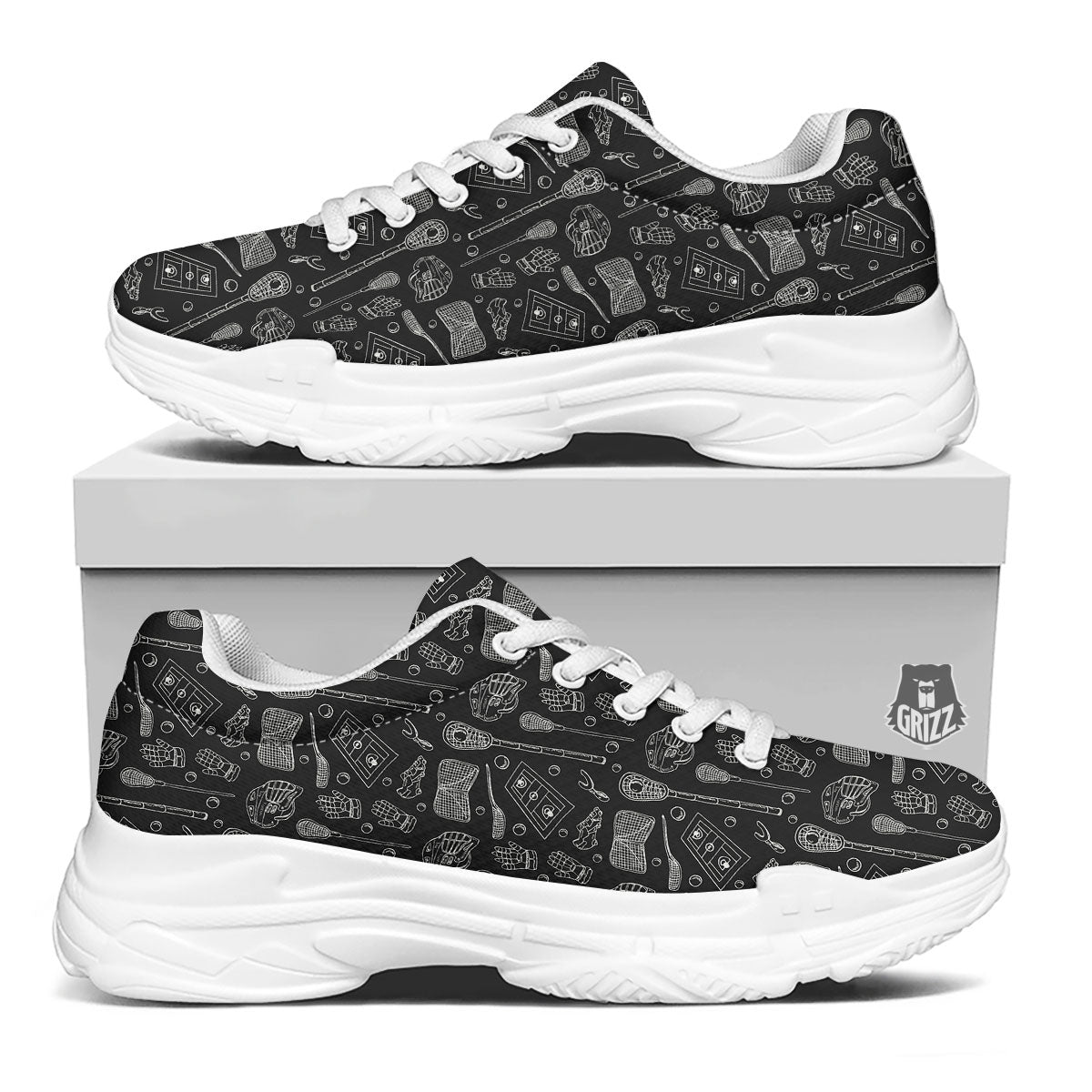 Lacrosse Doodle Print Pattern White Chunky Shoes-grizzshop