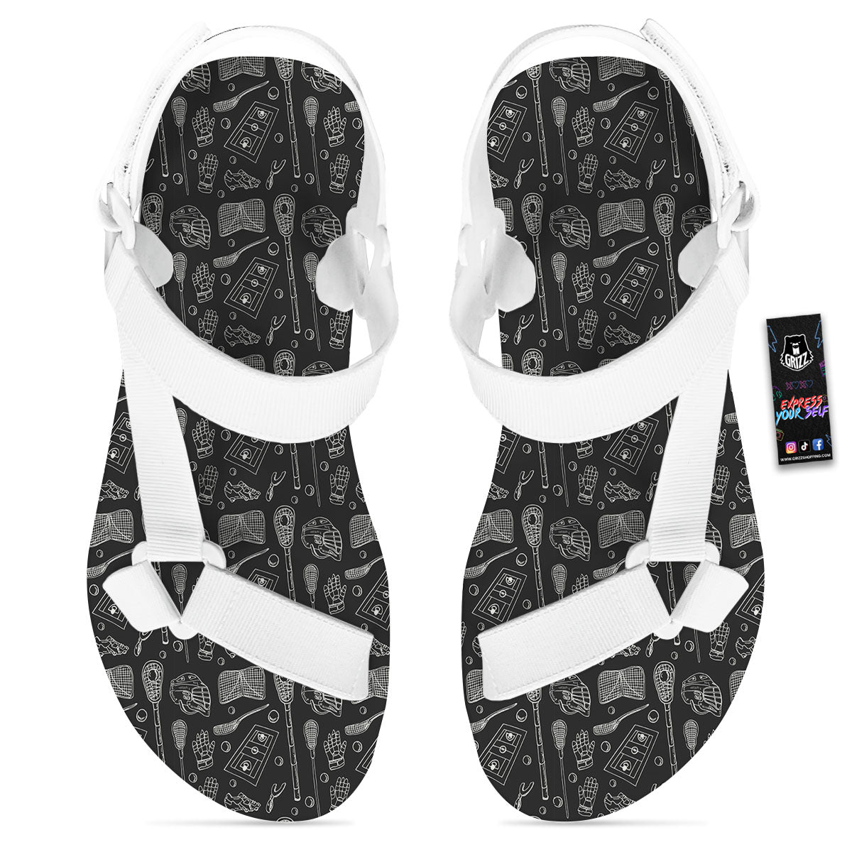 Lacrosse Doodle Print Pattern White Open Toe Sandals-grizzshop