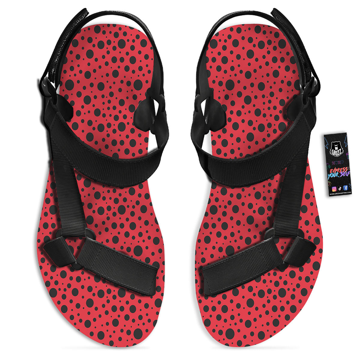 Ladybird Black Spots Print Pattern Black Open Toe Sandals-grizzshop