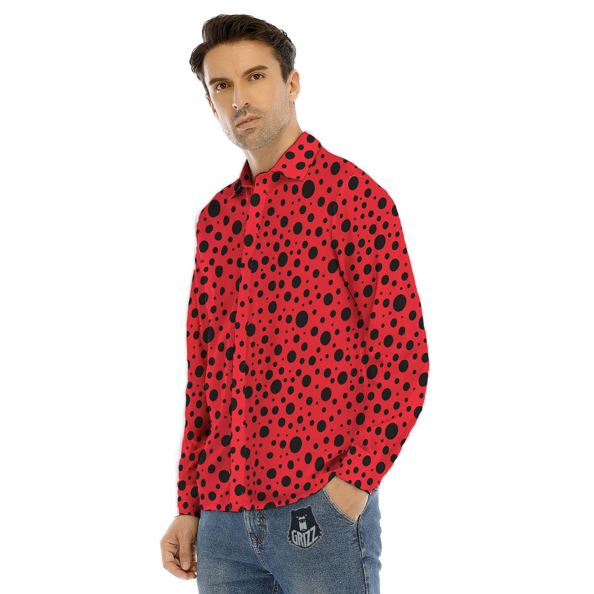 Ladybird Black Spots Print Pattern Men's Dress Shirts-grizzshop