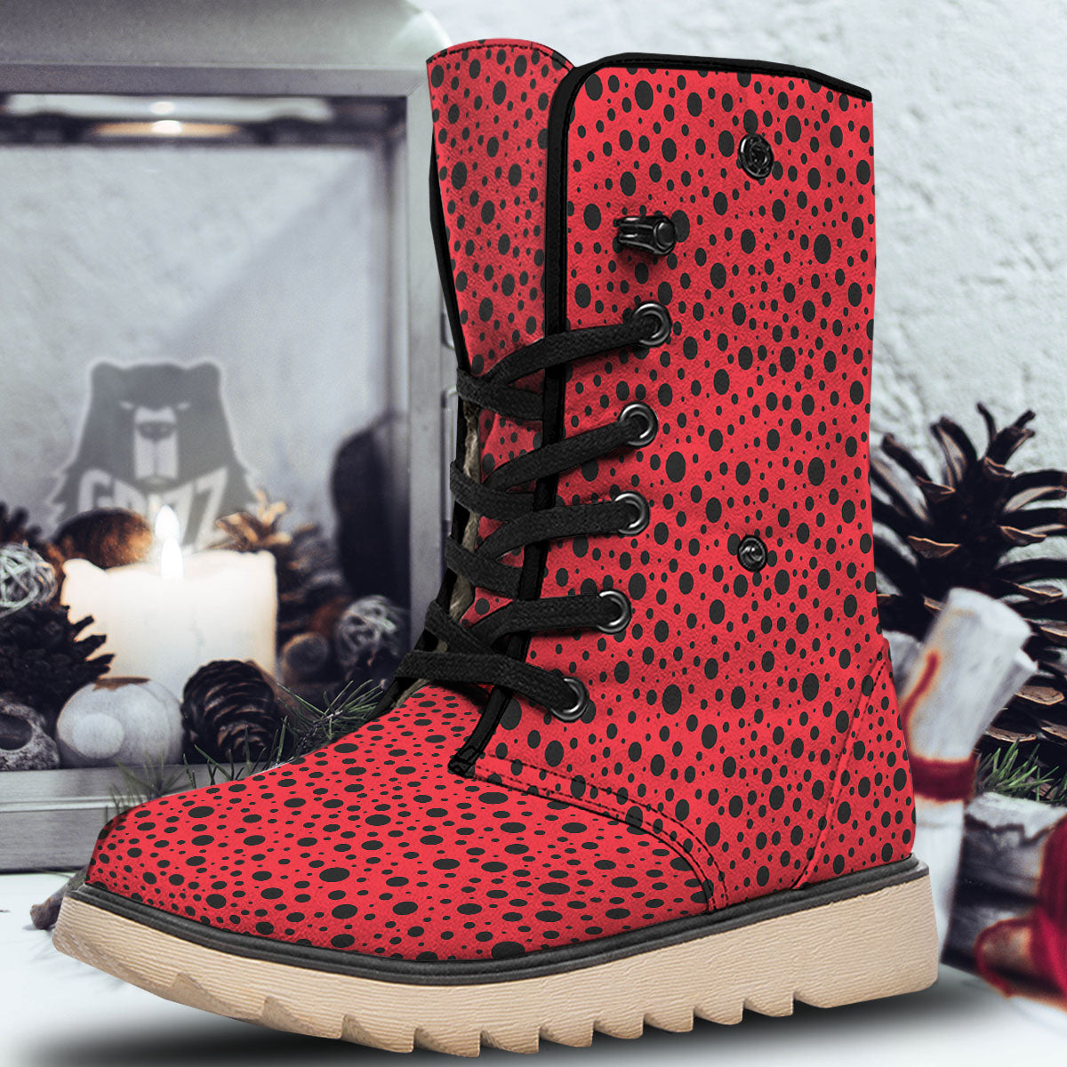 Ladybird Black Spots Print Pattern Snow Boots-grizzshop