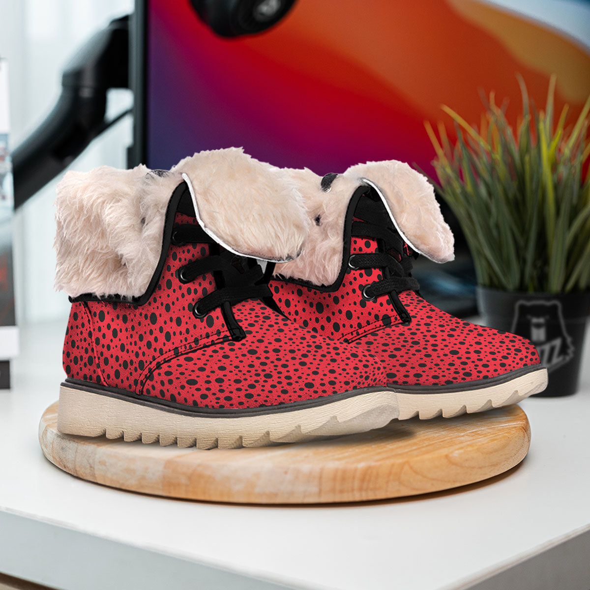 Ladybird Black Spots Print Pattern Snow Boots-grizzshop