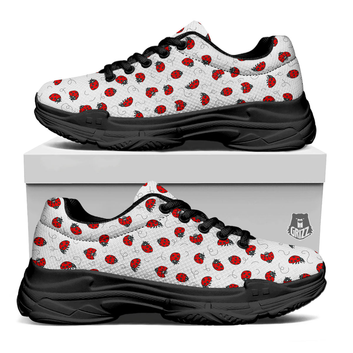 Ladybird Cartoon Print Pattern Black Chunky Shoes-grizzshop