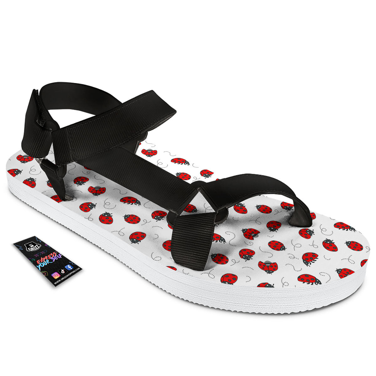 Ladybird Cartoon Print Pattern Black Open Toe Sandals-grizzshop