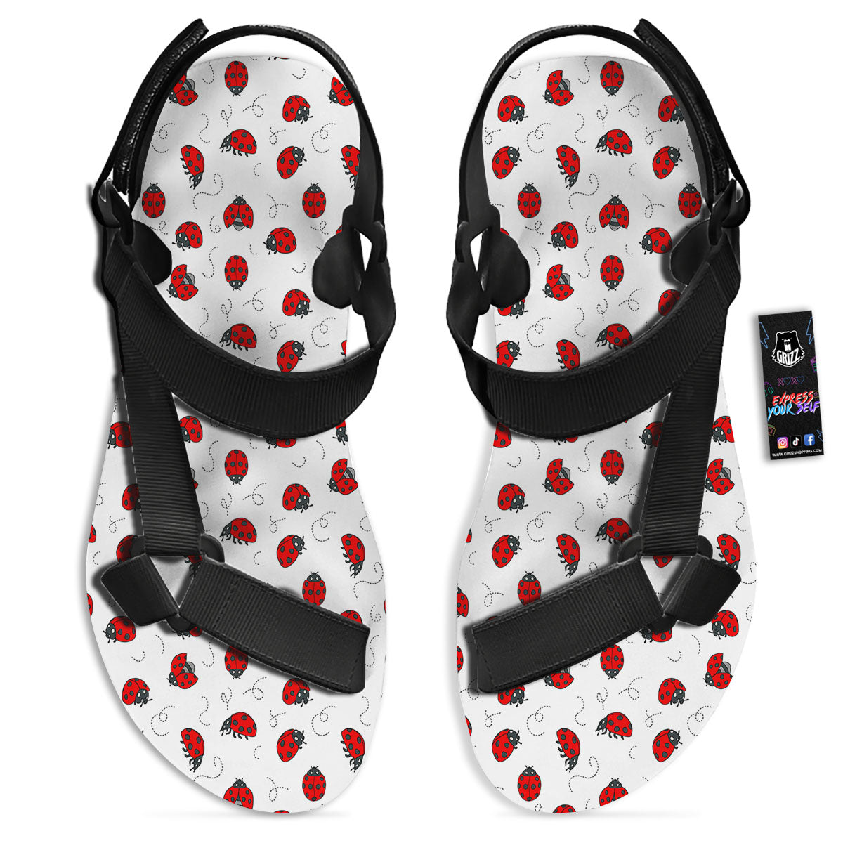 Ladybird Cartoon Print Pattern Black Open Toe Sandals-grizzshop