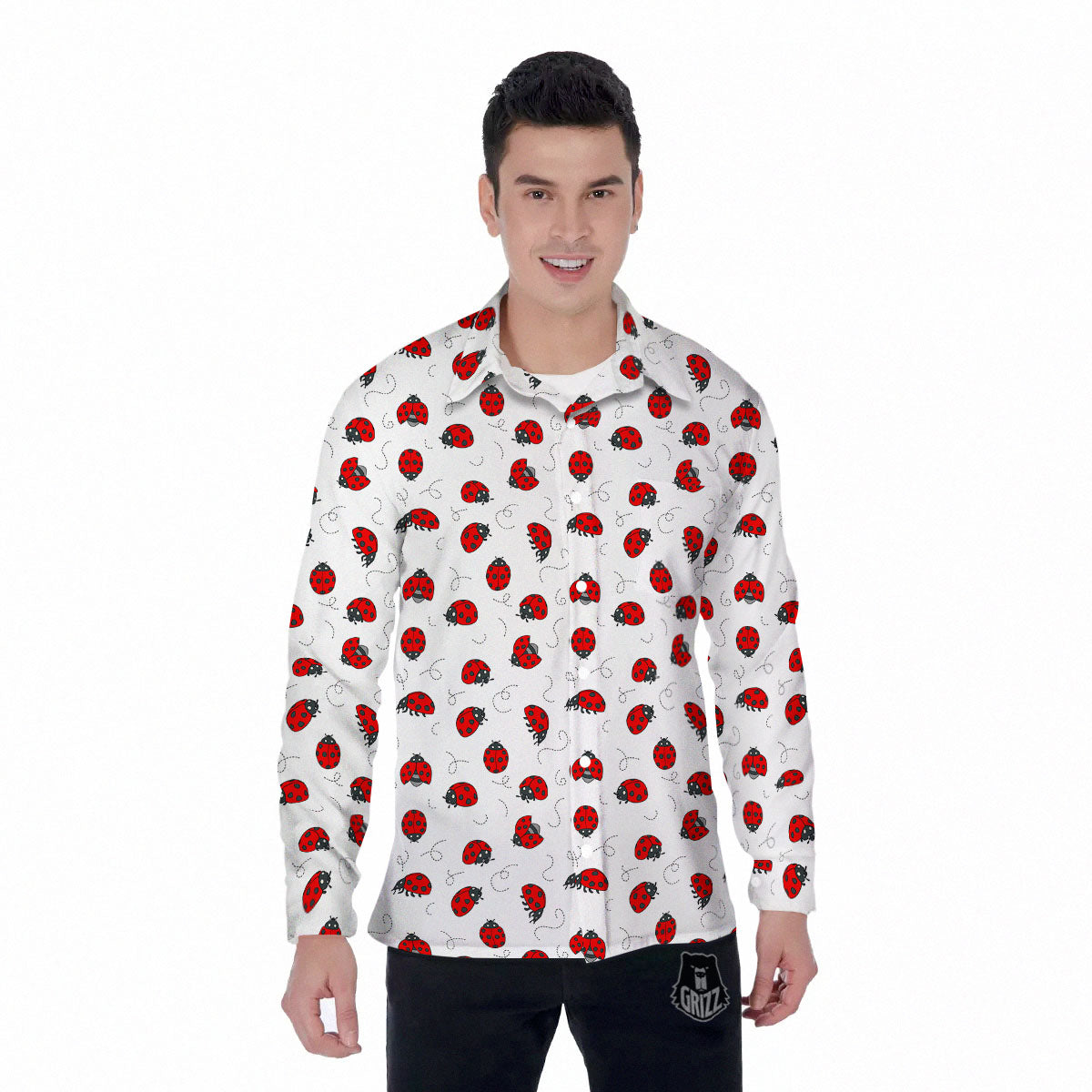 Ladybird Cartoon Print Pattern Men's Long Sleeve Shirts-grizzshop