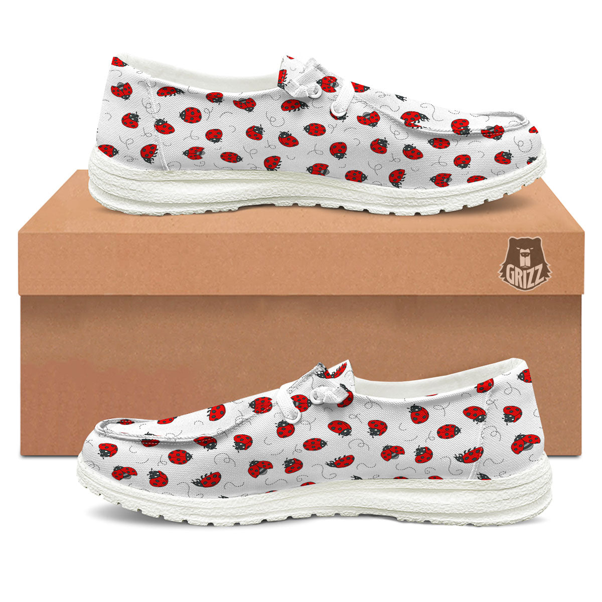 Ladybird Cartoon Print Pattern White Loafers-grizzshop