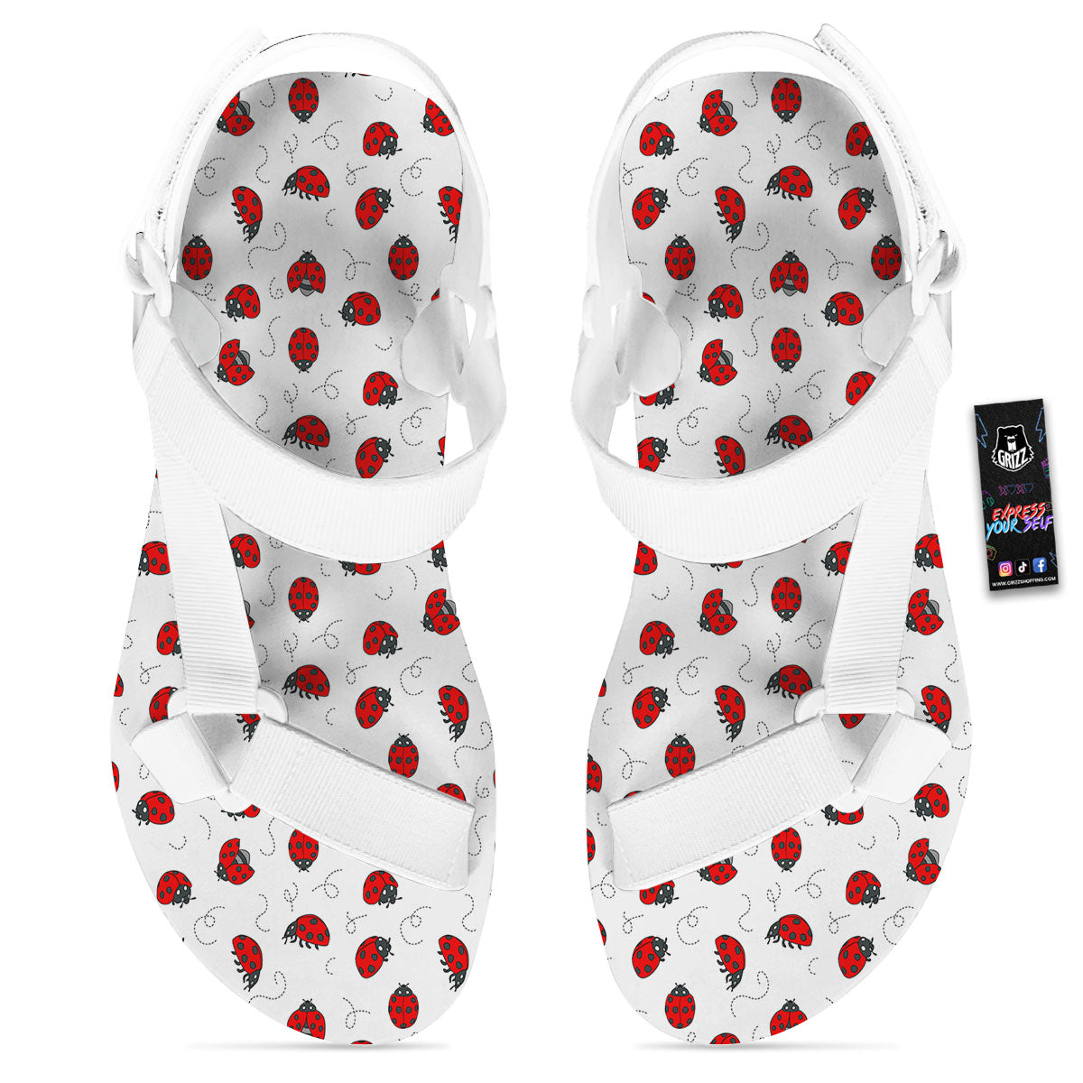 Ladybird Cartoon Print Pattern White Open Toe Sandals-grizzshop