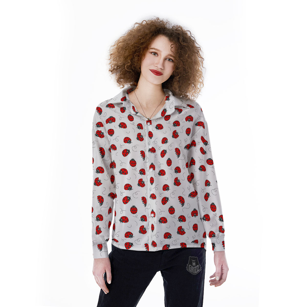 Ladybird Cartoon Print Pattern Women's Long Sleeve Shirts-grizzshop