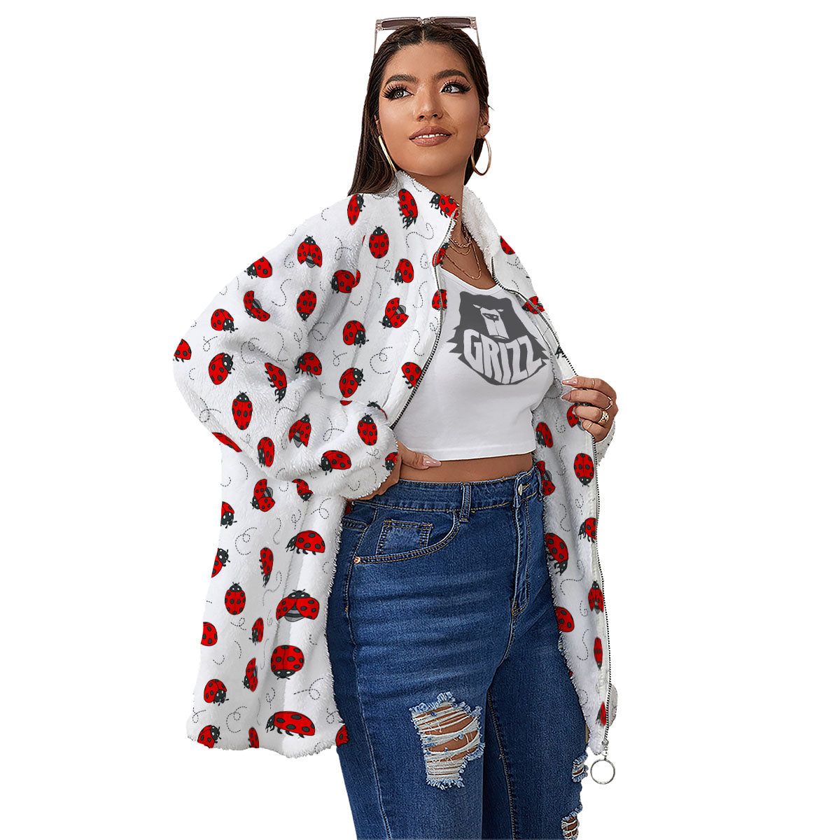 Ladybird Cartoon Print Pattern Women's Sherpa Jacket-grizzshop