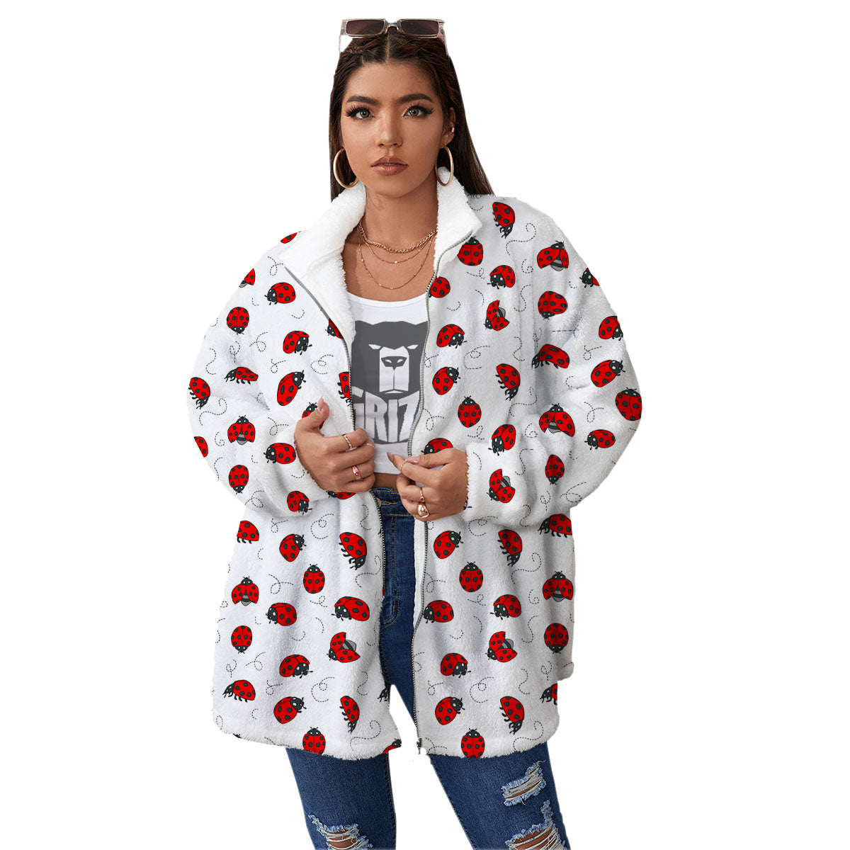 Ladybird Cartoon Print Pattern Women's Sherpa Jacket-grizzshop