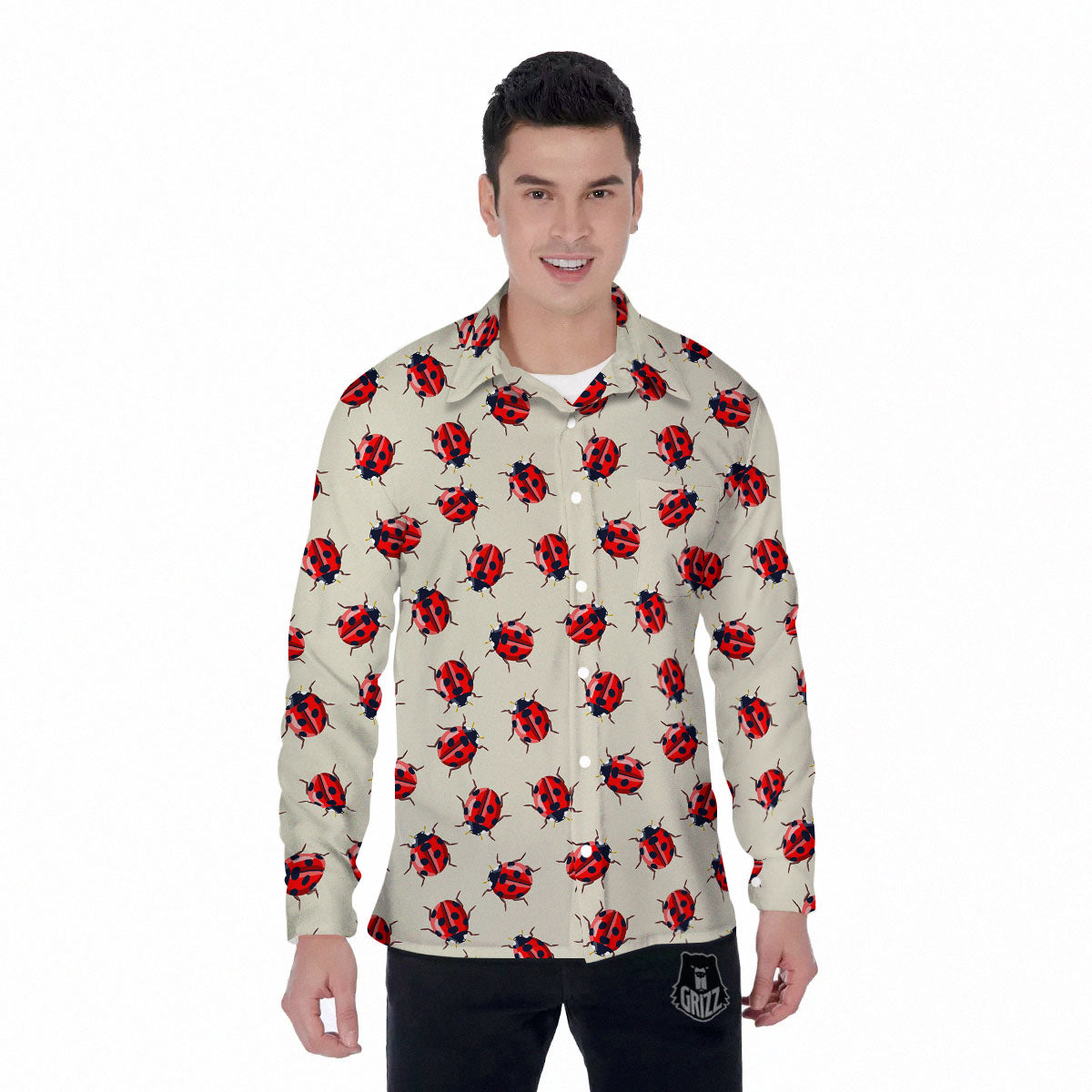 Ladybird Little Print Pattern Men's Long Sleeve Shirts-grizzshop