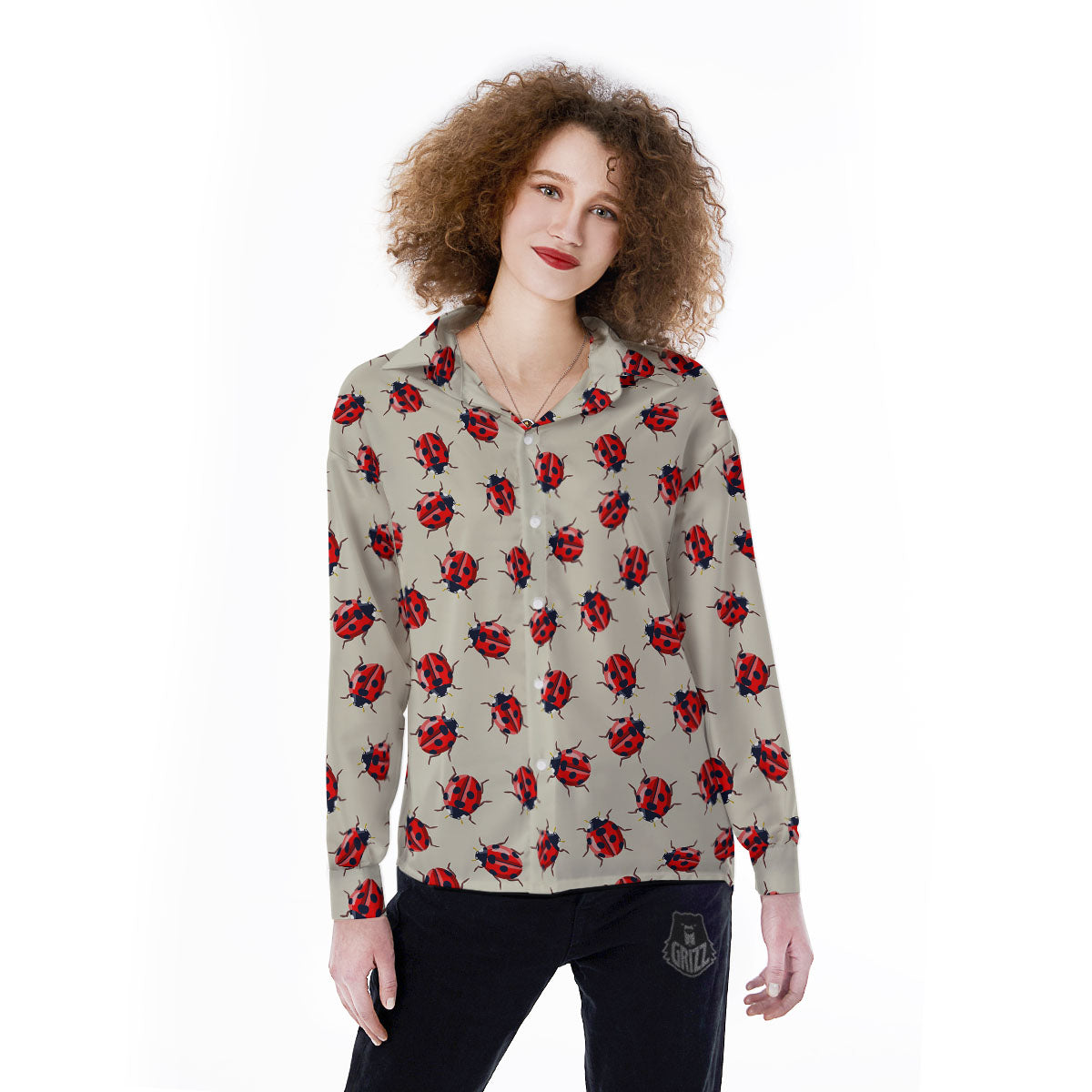 Ladybird Little Print Pattern Women's Long Sleeve Shirts-grizzshop