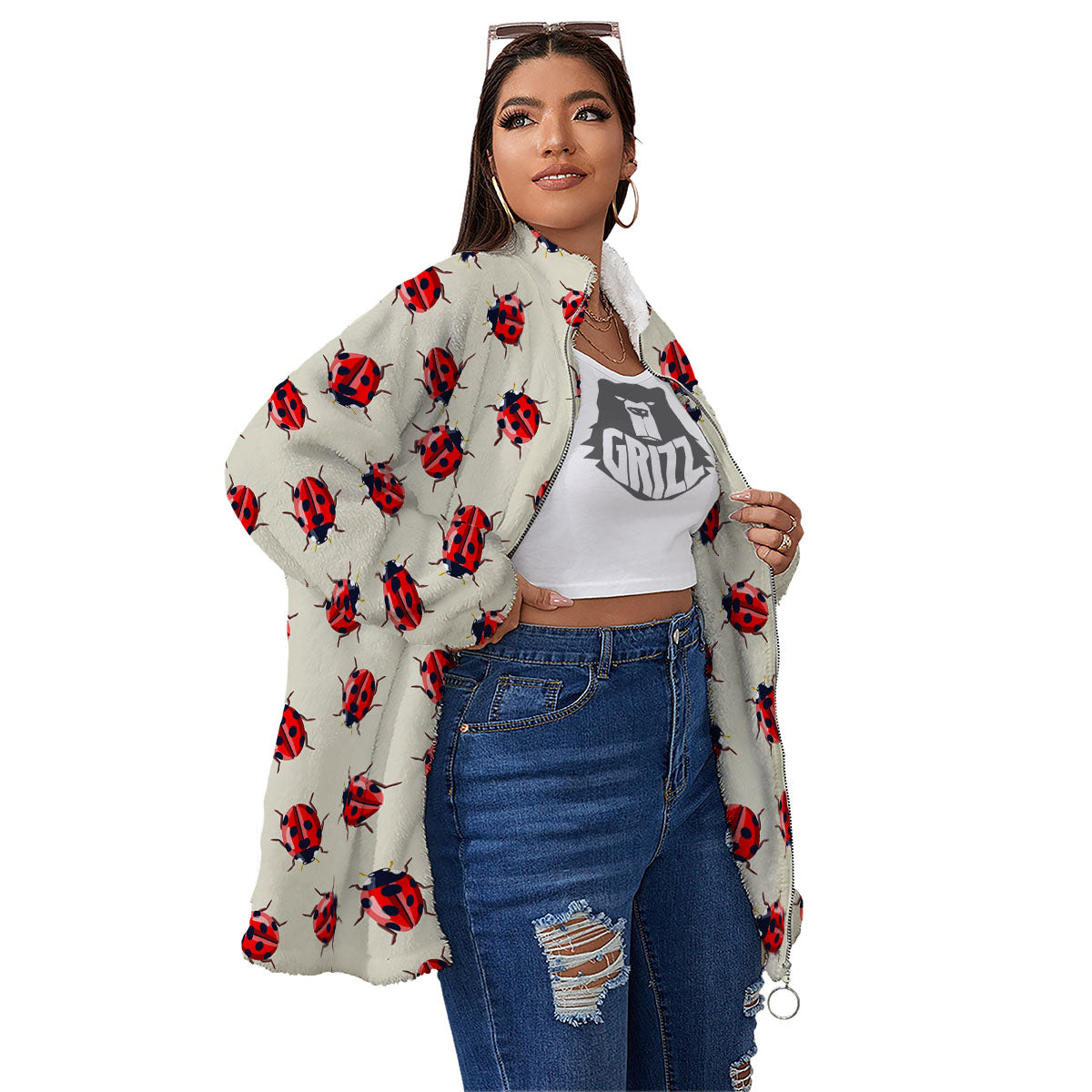 Ladybird Little Print Pattern Women's Sherpa Jacket-grizzshop