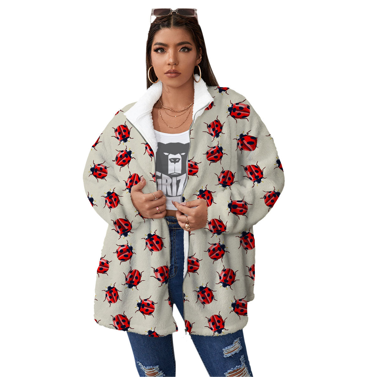 Ladybird Little Print Pattern Women's Sherpa Jacket-grizzshop