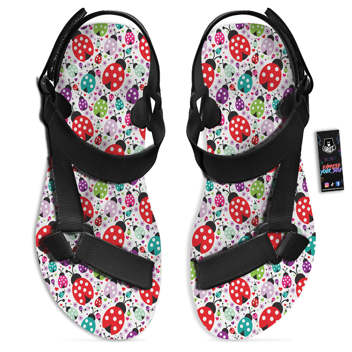 Ladybug Cute Print Pattern Black Open Toe Sandals-grizzshop