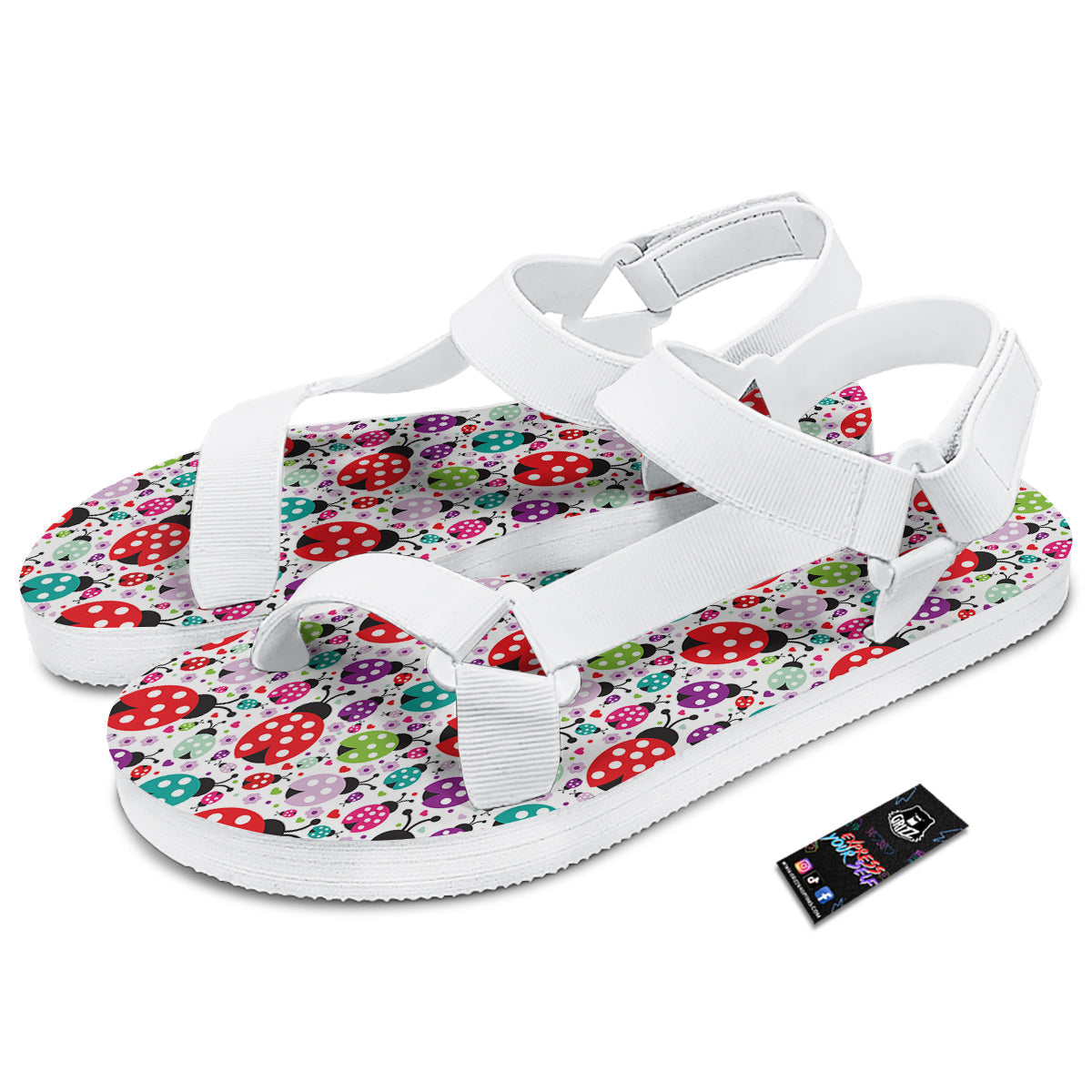 Ladybug Cute Print Pattern White Open Toe Sandals-grizzshop