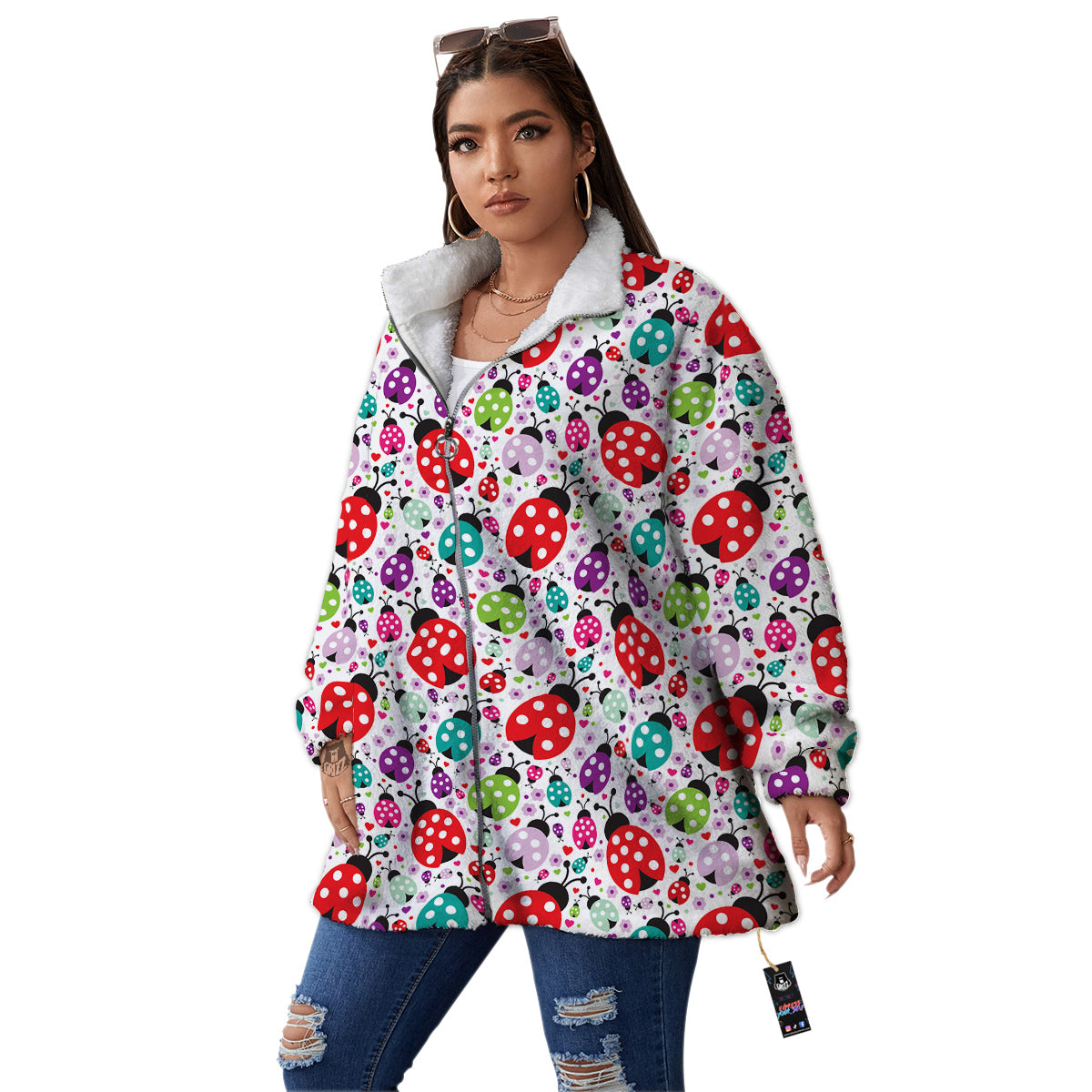 Ladybug Cute Print Pattern Women's Sherpa Jacket-grizzshop