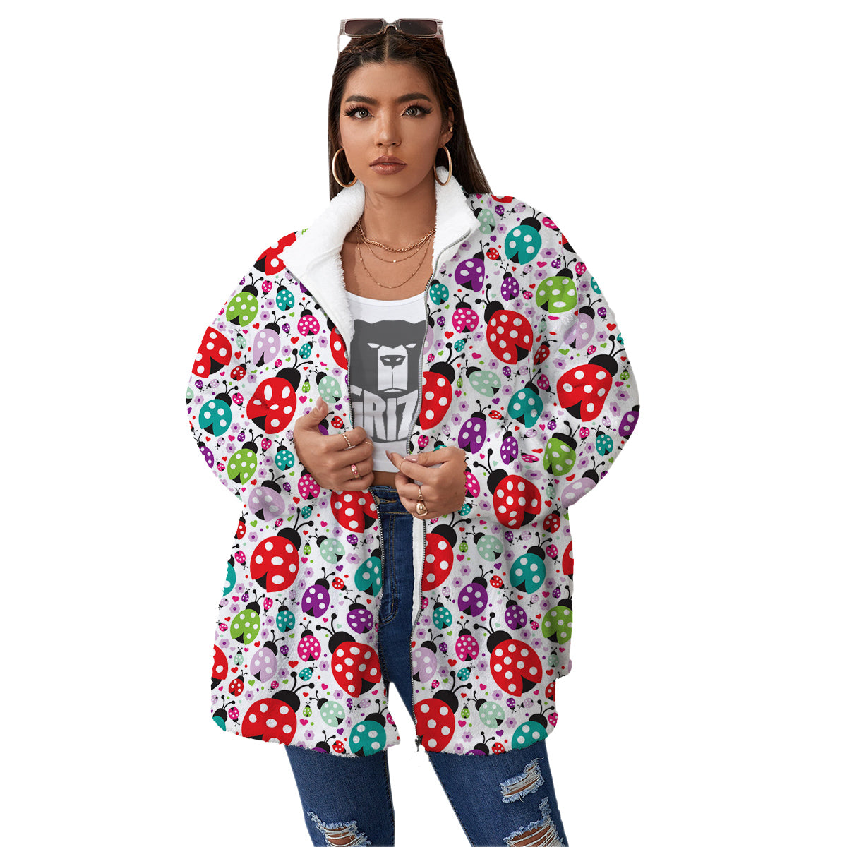 Ladybug Cute Print Pattern Women's Sherpa Jacket-grizzshop