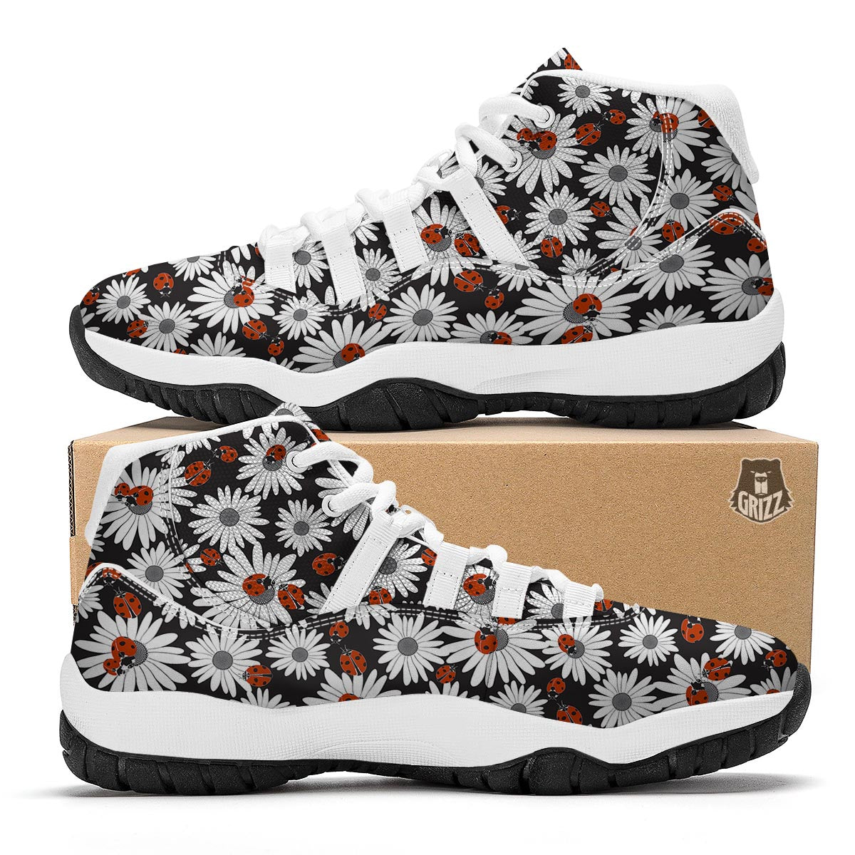 Ladybug Daisy Pattern Print White Bball Shoes-grizzshop