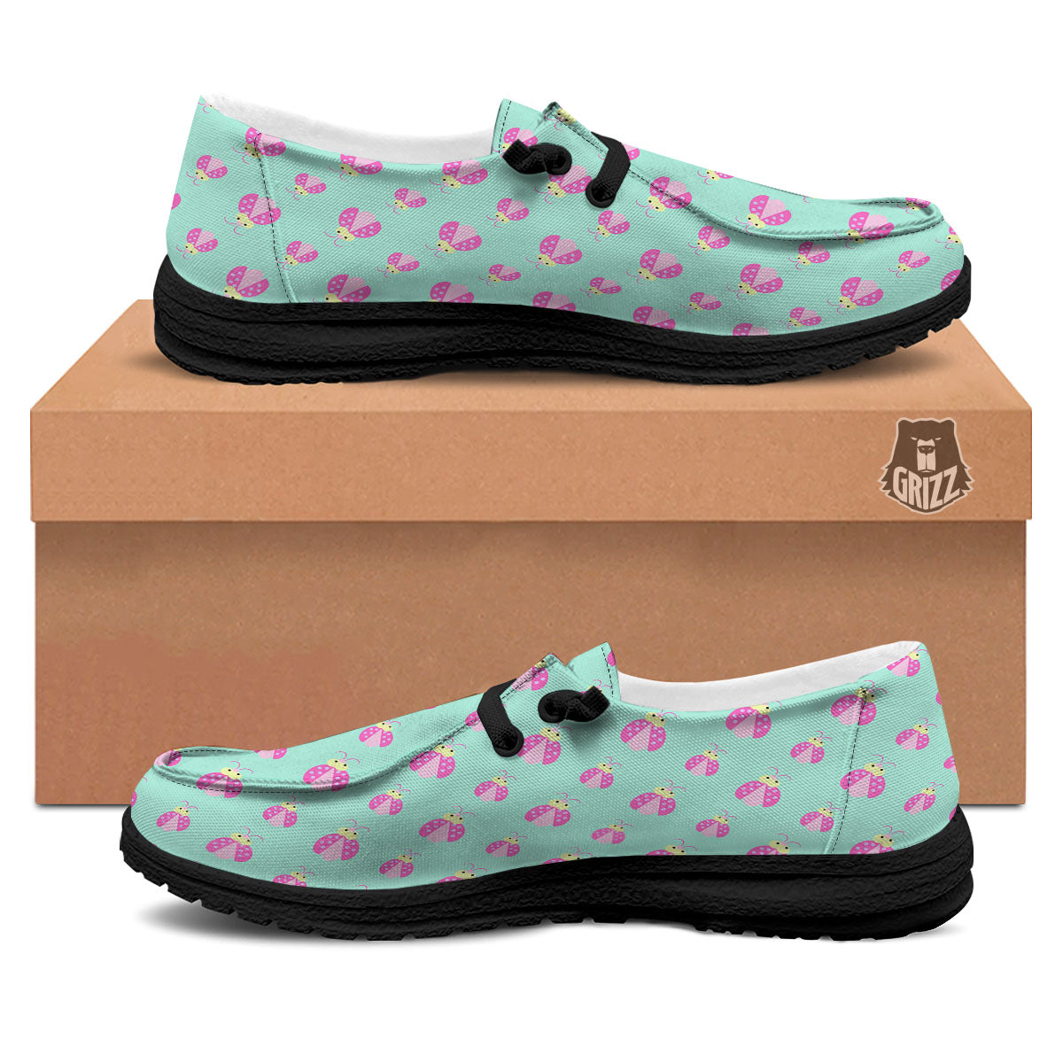 Ladybug Pink Print Pattern Black Loafers-grizzshop