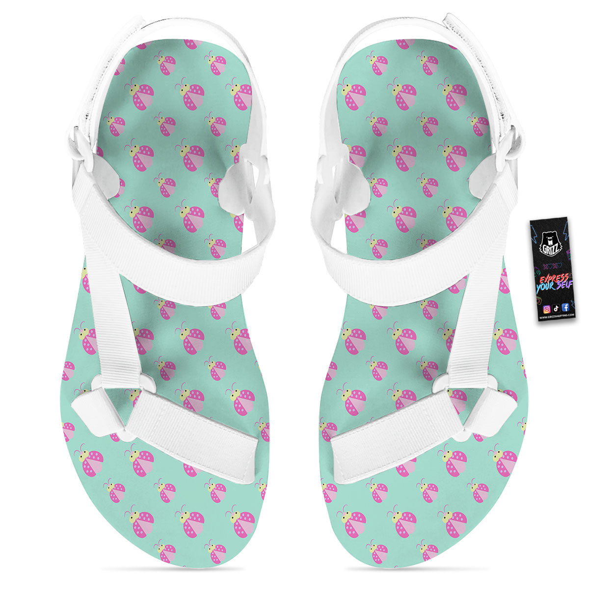 Ladybug Pink Print Pattern White Open Toe Sandals-grizzshop