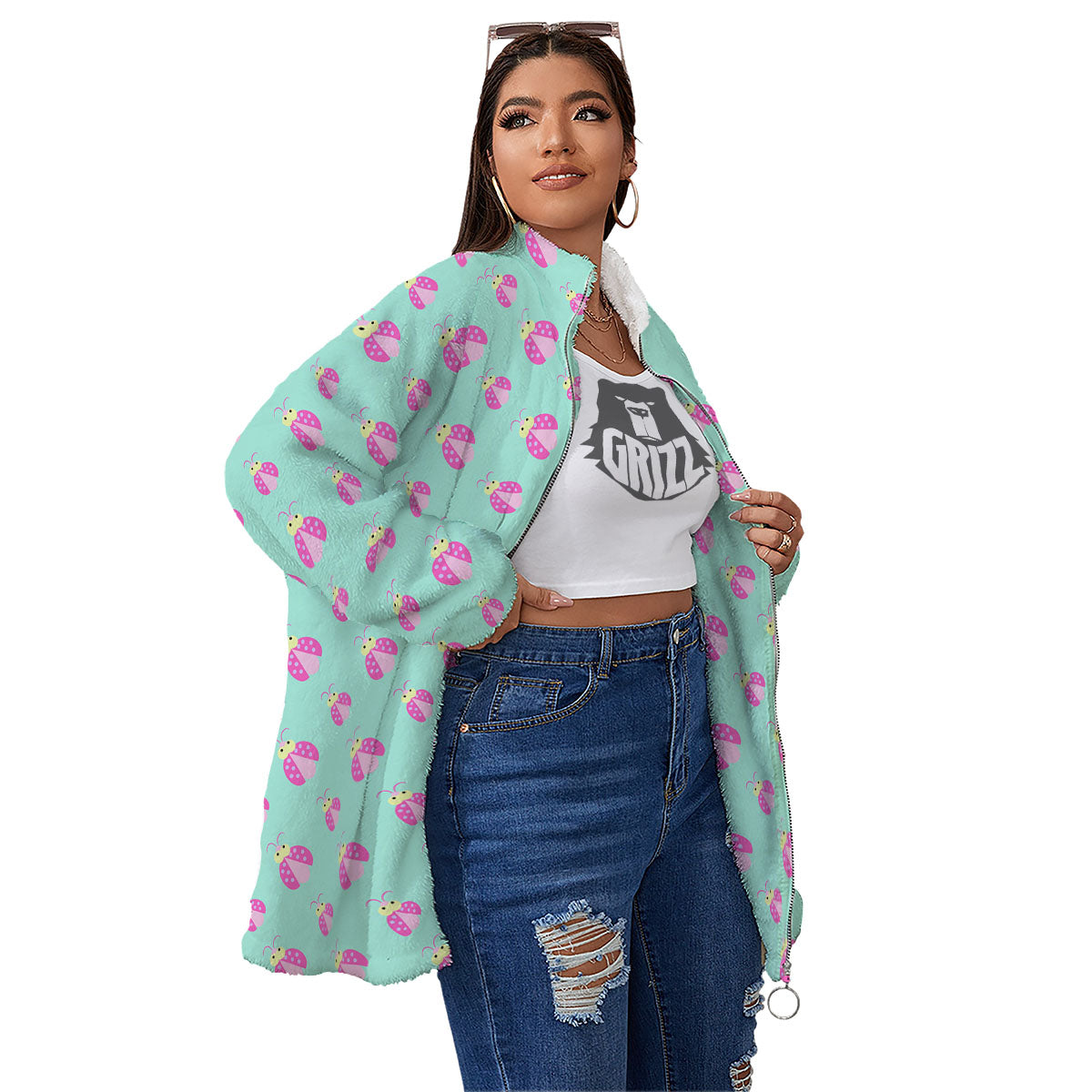 Ladybug Pink Print Pattern Women's Sherpa Jacket-grizzshop