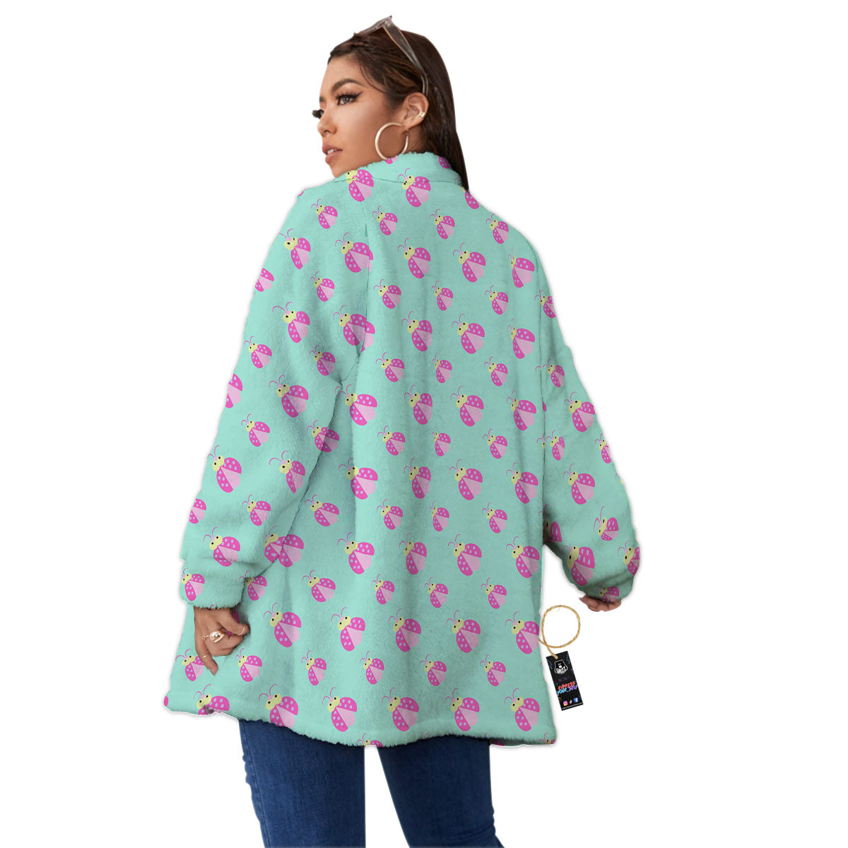 Ladybug Pink Print Pattern Women's Sherpa Jacket-grizzshop