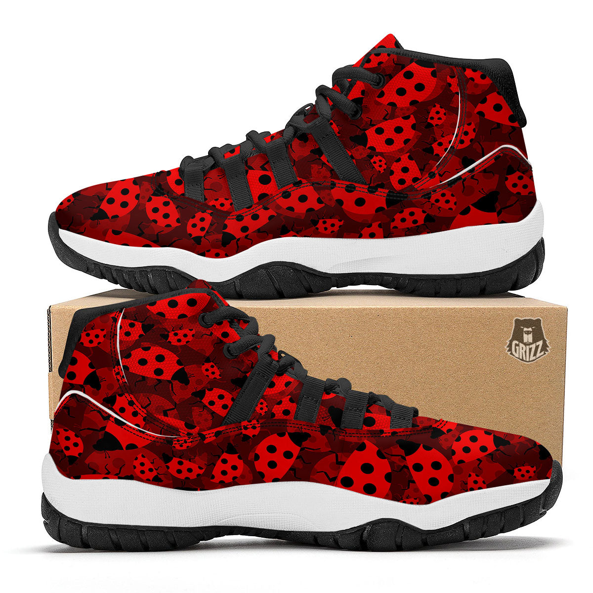 Ladybug Red Print Pattern Black Bball Shoes-grizzshop