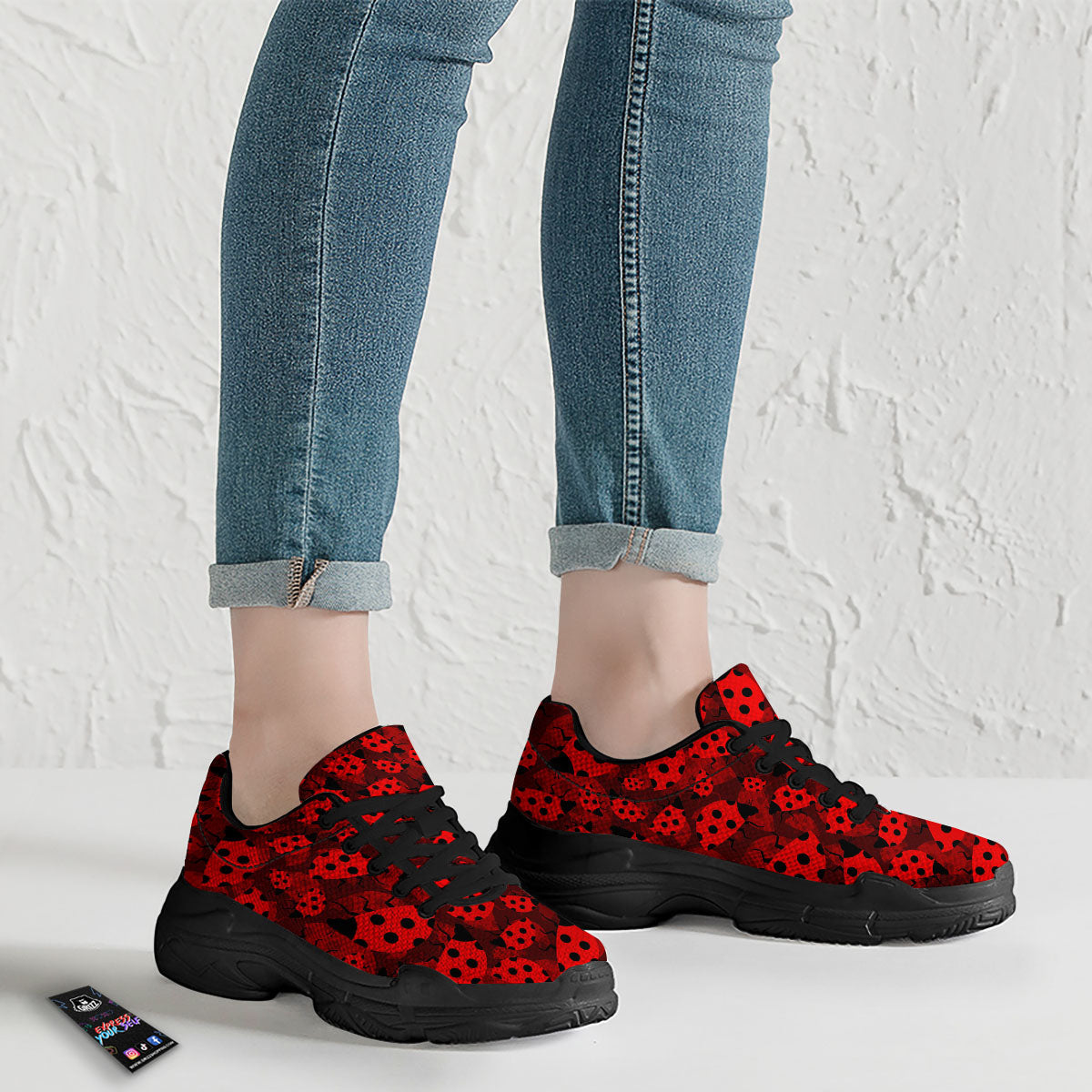 Ladybug Red Print Pattern Black Chunky Shoes-grizzshop