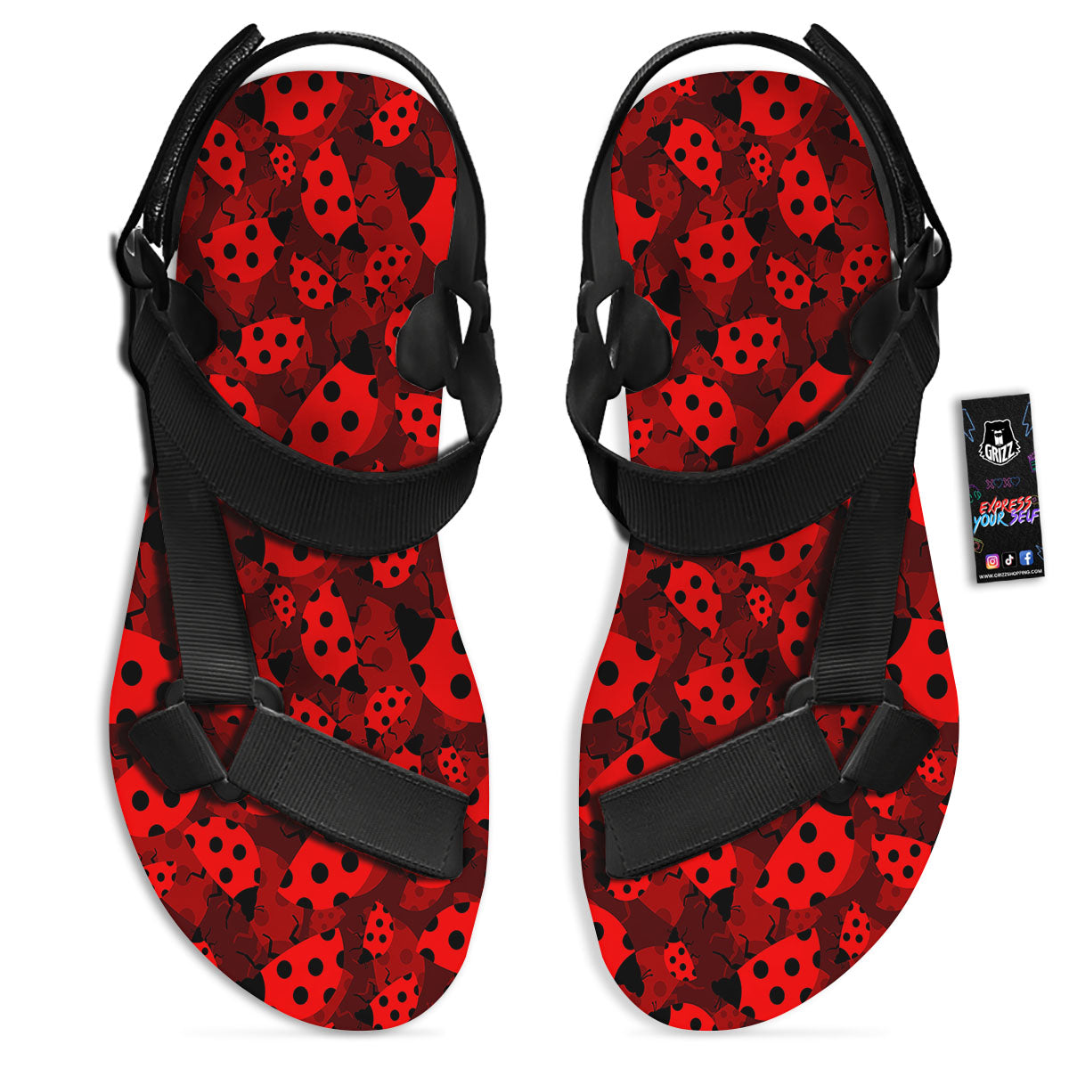 Ladybug Red Print Pattern Black Open Toe Sandals-grizzshop